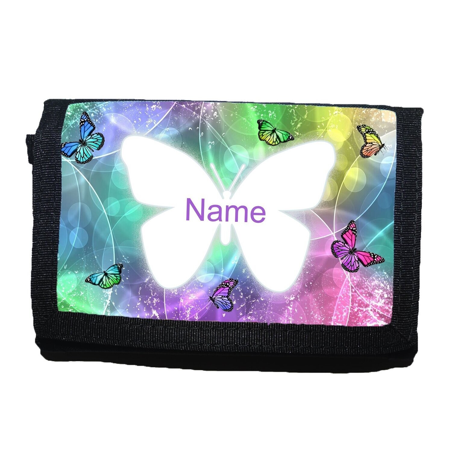 Bunter Kinder-Geldbeutel mit Schmetterlings-Motiv, ideal für kleine Naturfreunde. Personalisiert mit Namen.