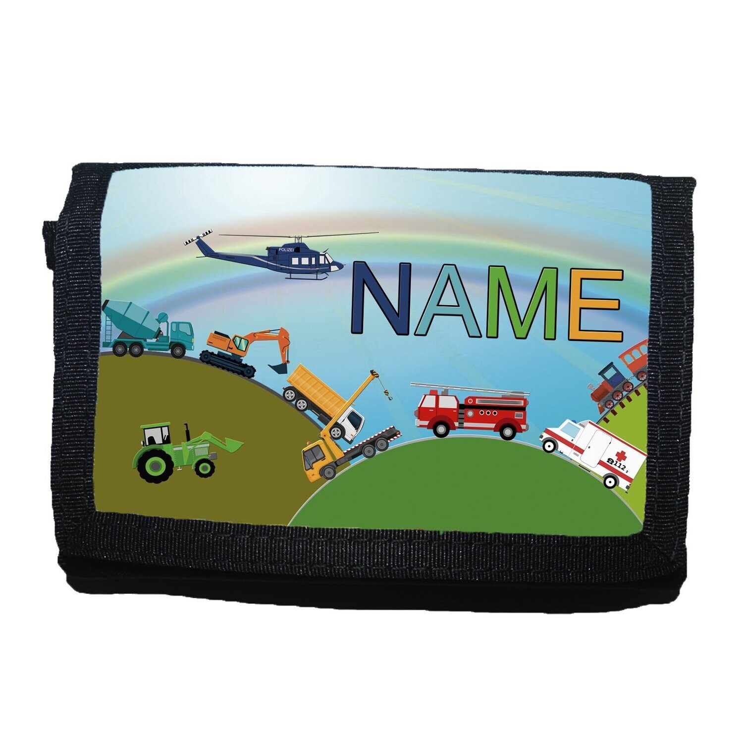 Kinder-Geldbeutel mit verschiedenen Fahrzeugen, von Zug zu Baustellenfahrzeugen, Rettungsfahrzeugen bis Traktor, personalisierbar mit Namen. Ideal für kleine Fans von Fahrzeugen, die Vielfalt lieben.