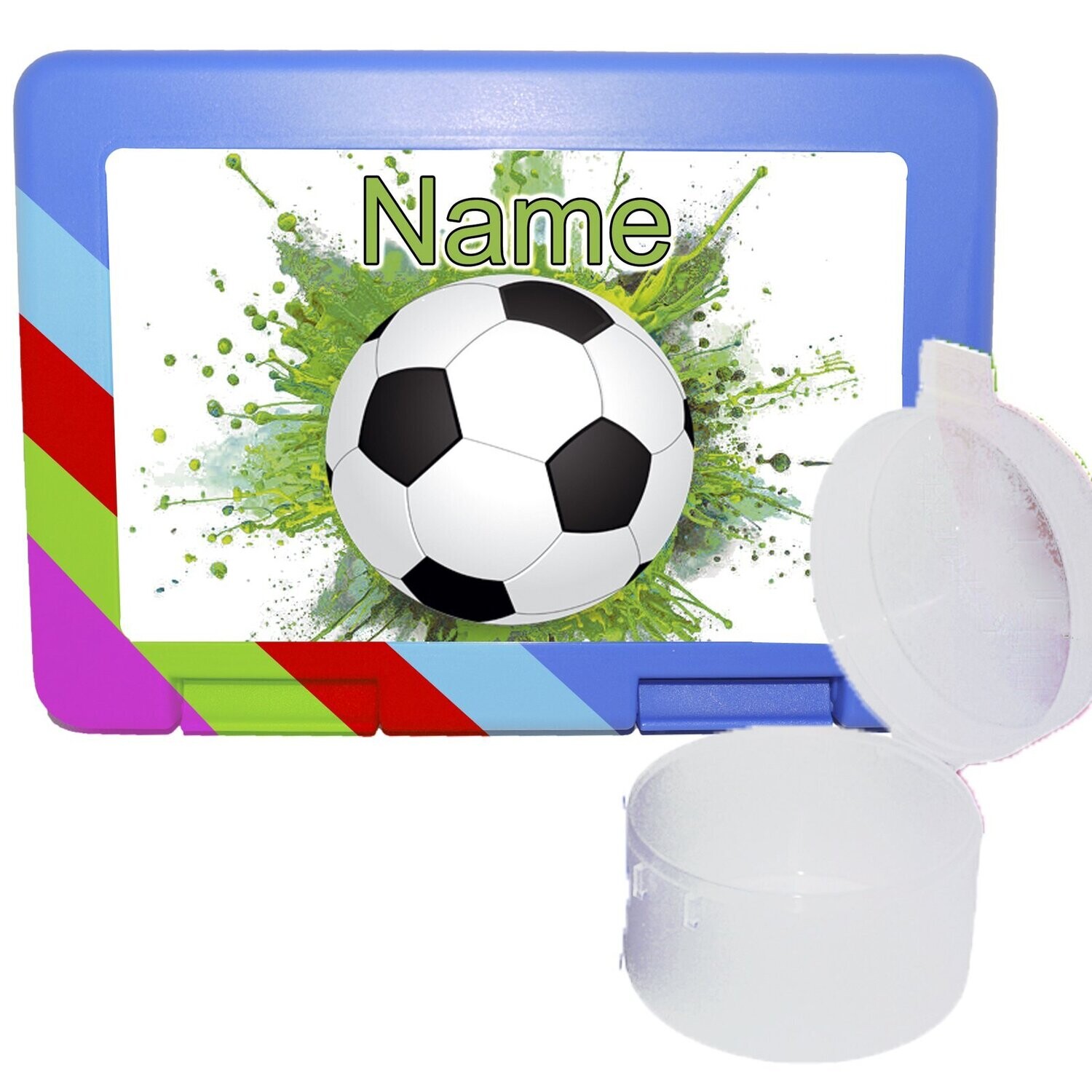 Sportliche Brotdose mit Fußball-Motiv, BPA-frei und personalisierbar, perfekt für Fußballfans.