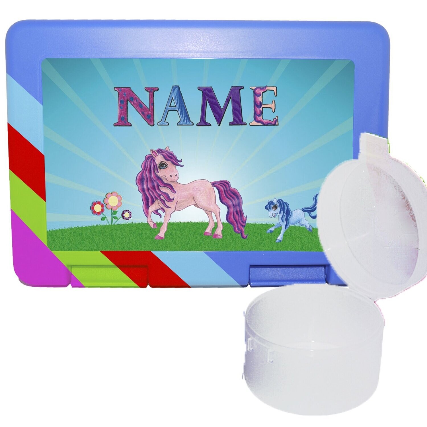 Niedliche Brotdose mit Pony-Motiv, BPA-frei und personalisierbar, ideal für kleine Tierfreunde.