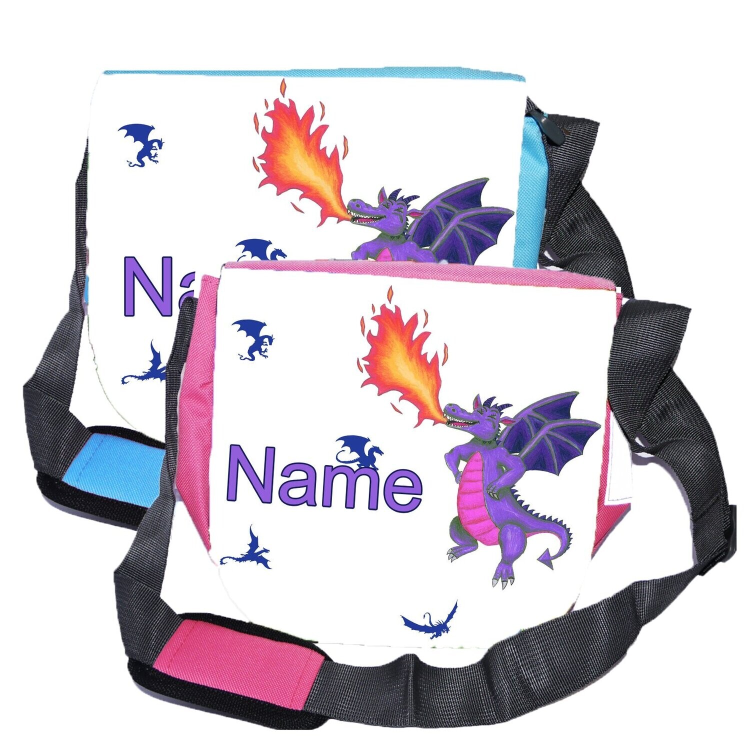 " Kindergartentasche mit lila feuerspeiendem Drachen vor Sternenhimmel. Perfekt für Fantasy-Fans."