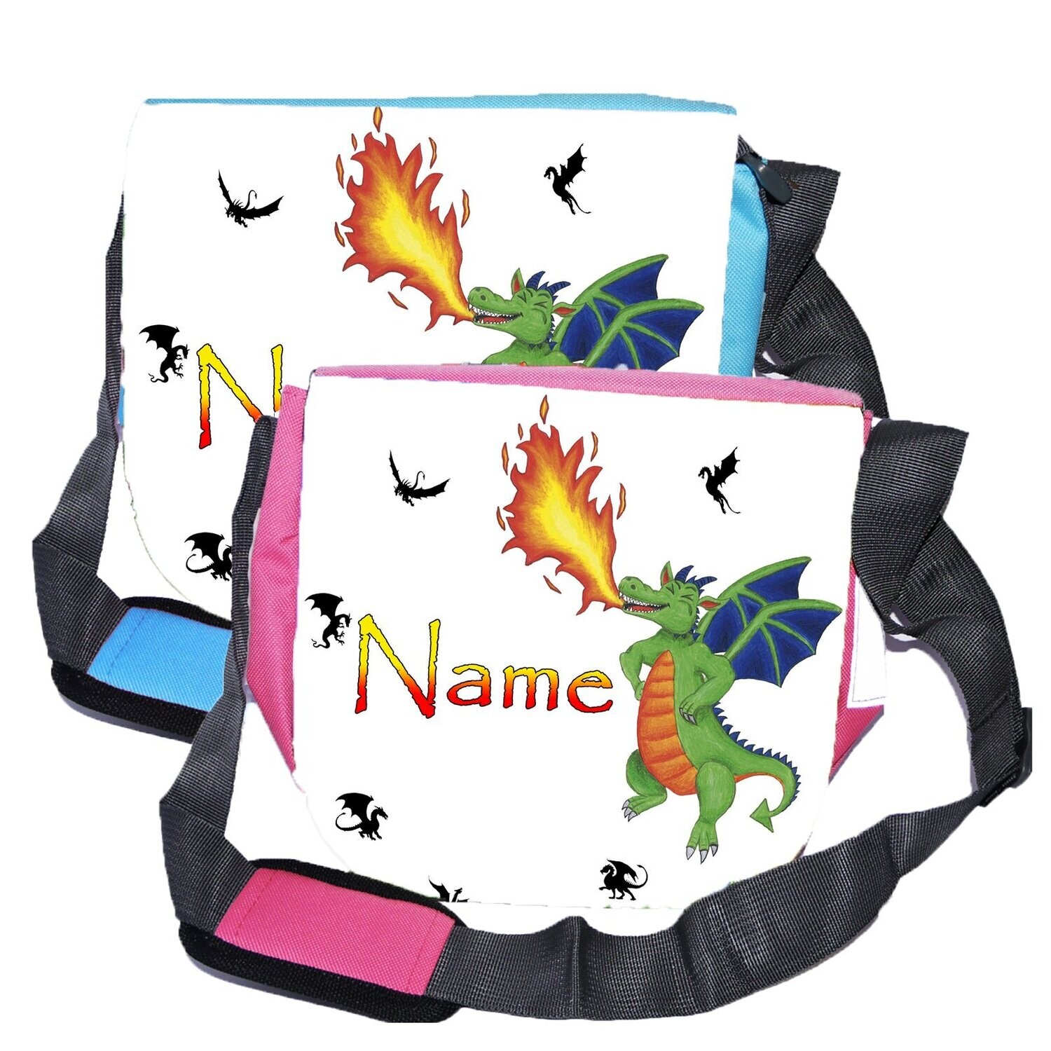 " Kindergartentasche mit grünem feuerspeiendem Drachen vor Vollmond. Ideal für Fantasy-Fans."