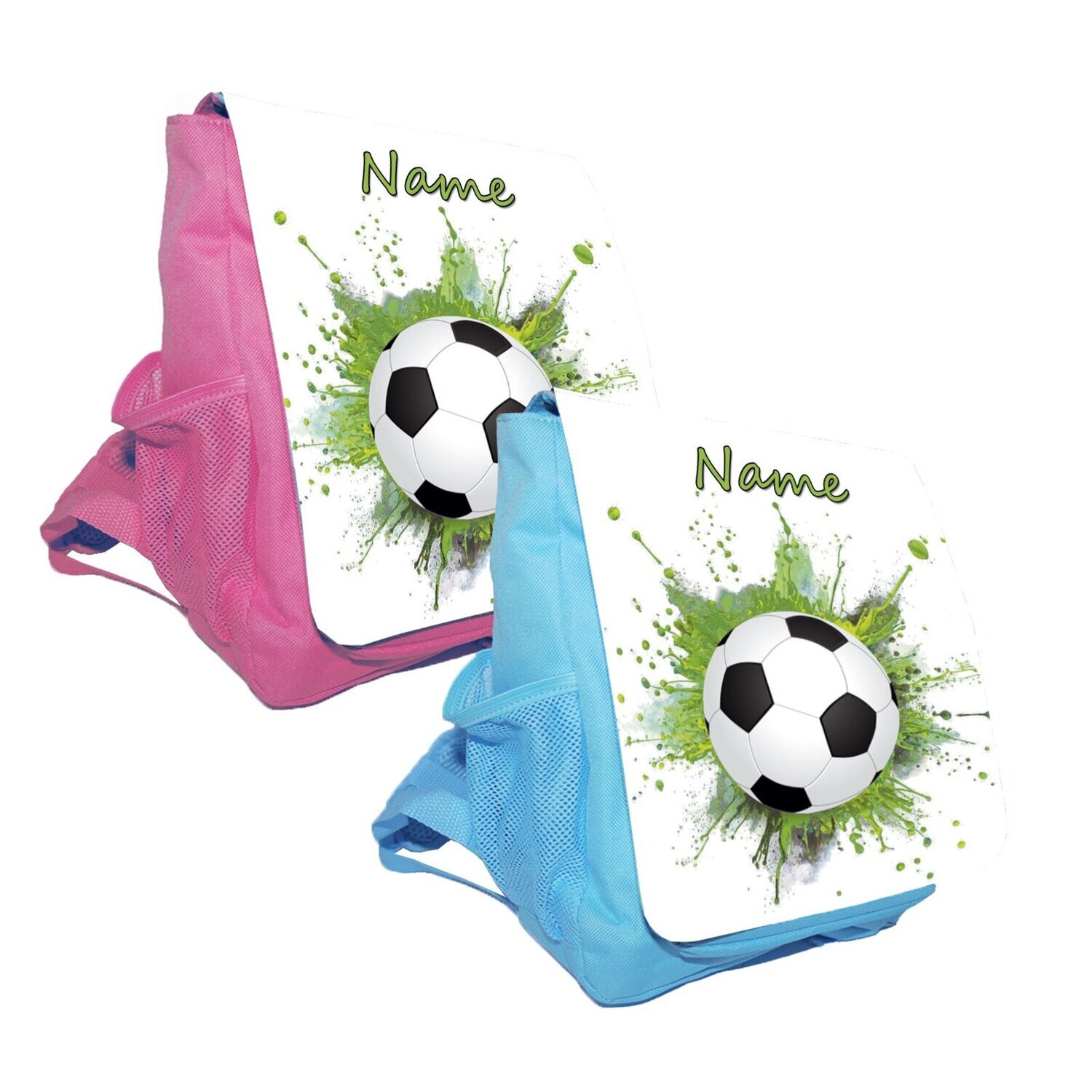 "Kindergartenrucksack mit Fußball-Motiv auf grünem Hintergrund. Ideal für Sportfans."
