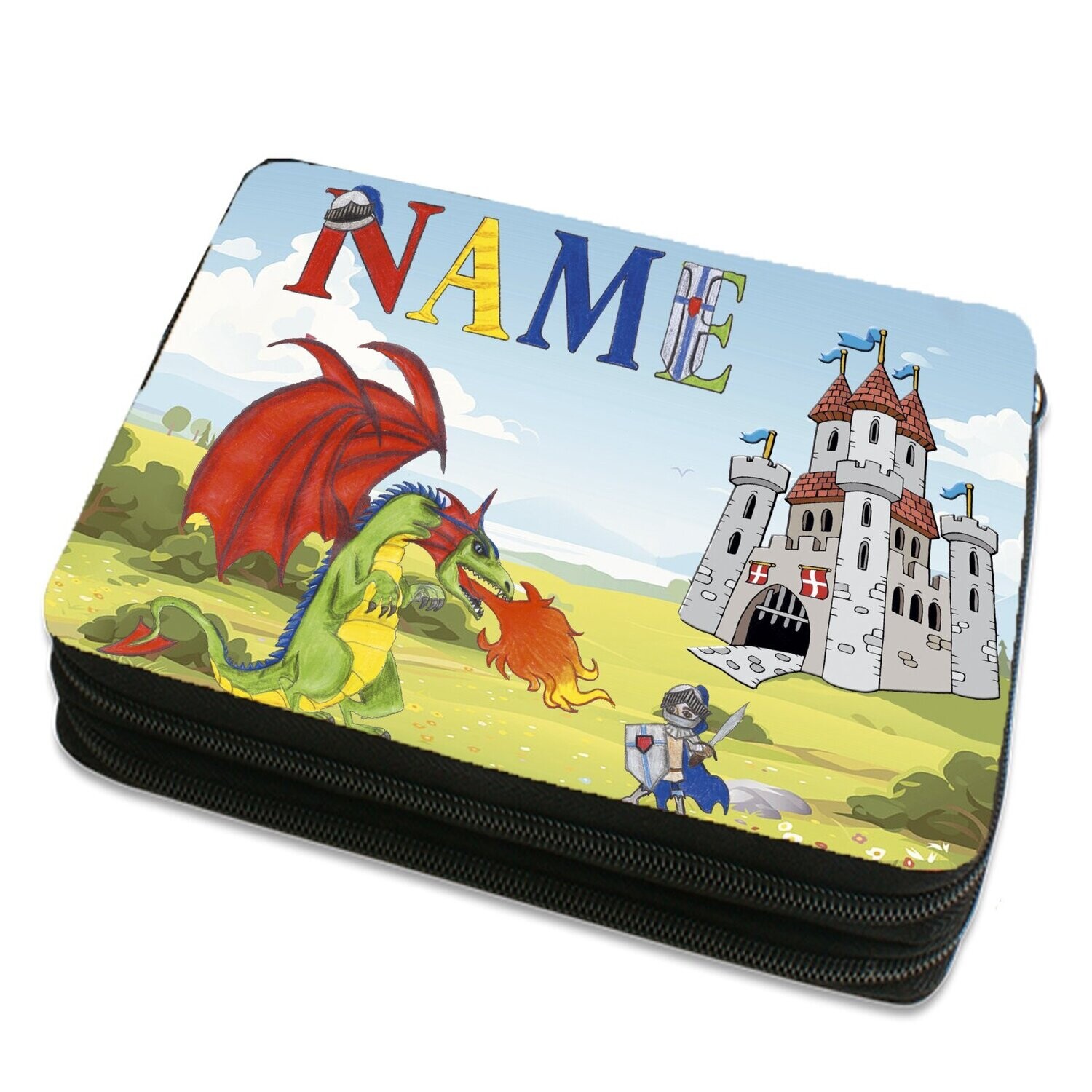 Fantasievolles Federmäppchen mit Ritter- und Burg-Motiv. Mit Namen personalisierbar, perfekt für kleine Märchenfans.