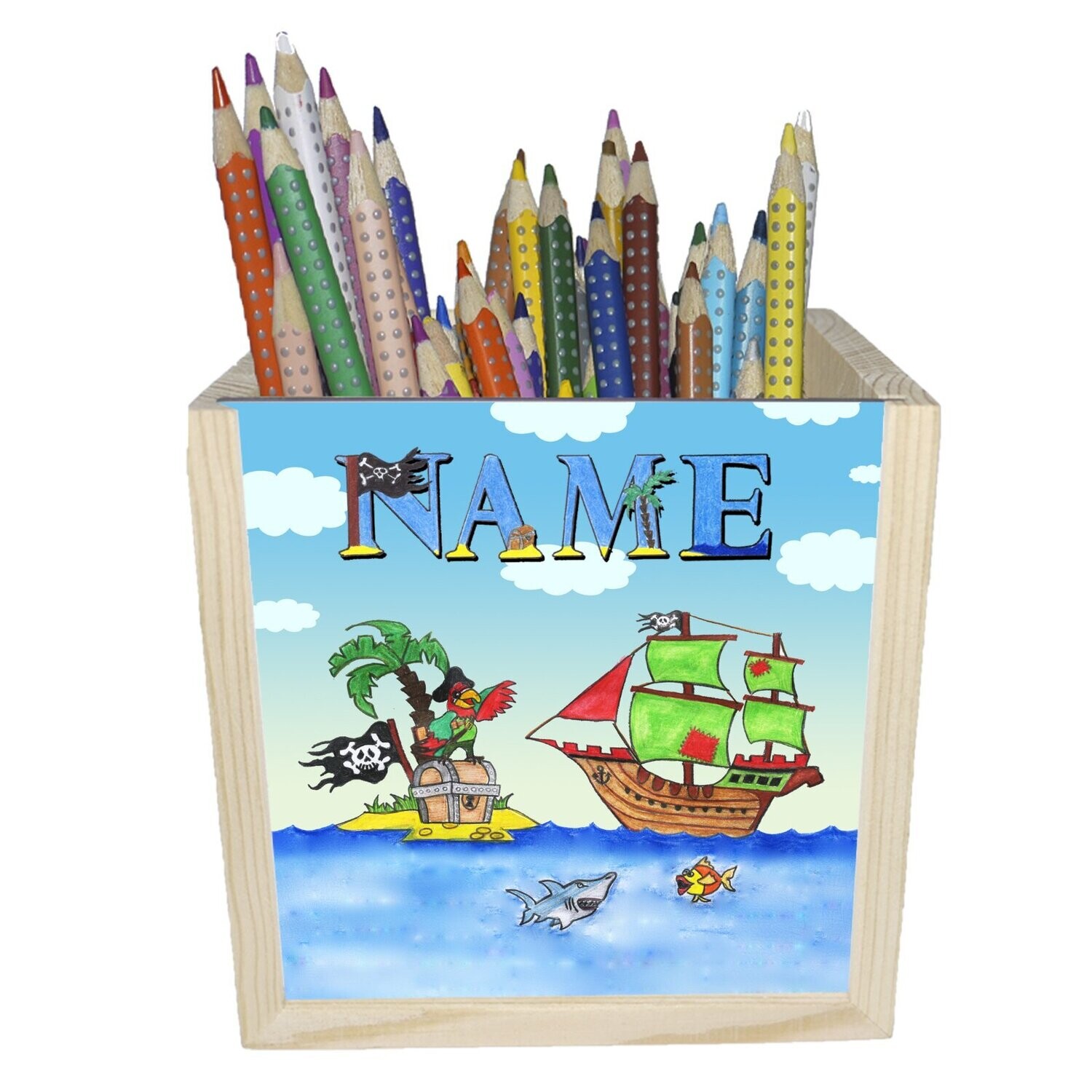 Abenteuerliche Holzbox mit Piraten-Motiv, ideal für kleine Entdecker. Personalisiert zur Aufbewahrung von kleinen Gegenständen.