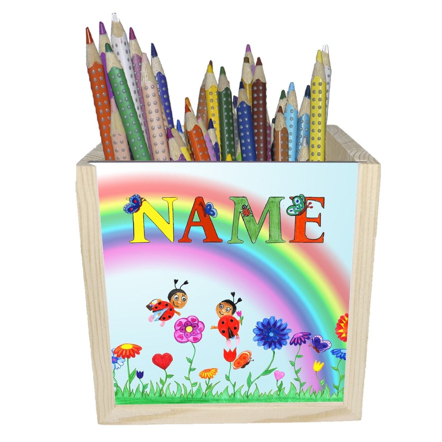 Holzbox mit süßem Marienkäfer-Motiv auf einer Blumenwiese, personalisierbar mit Namen. Perfekt für Naturfreunde.