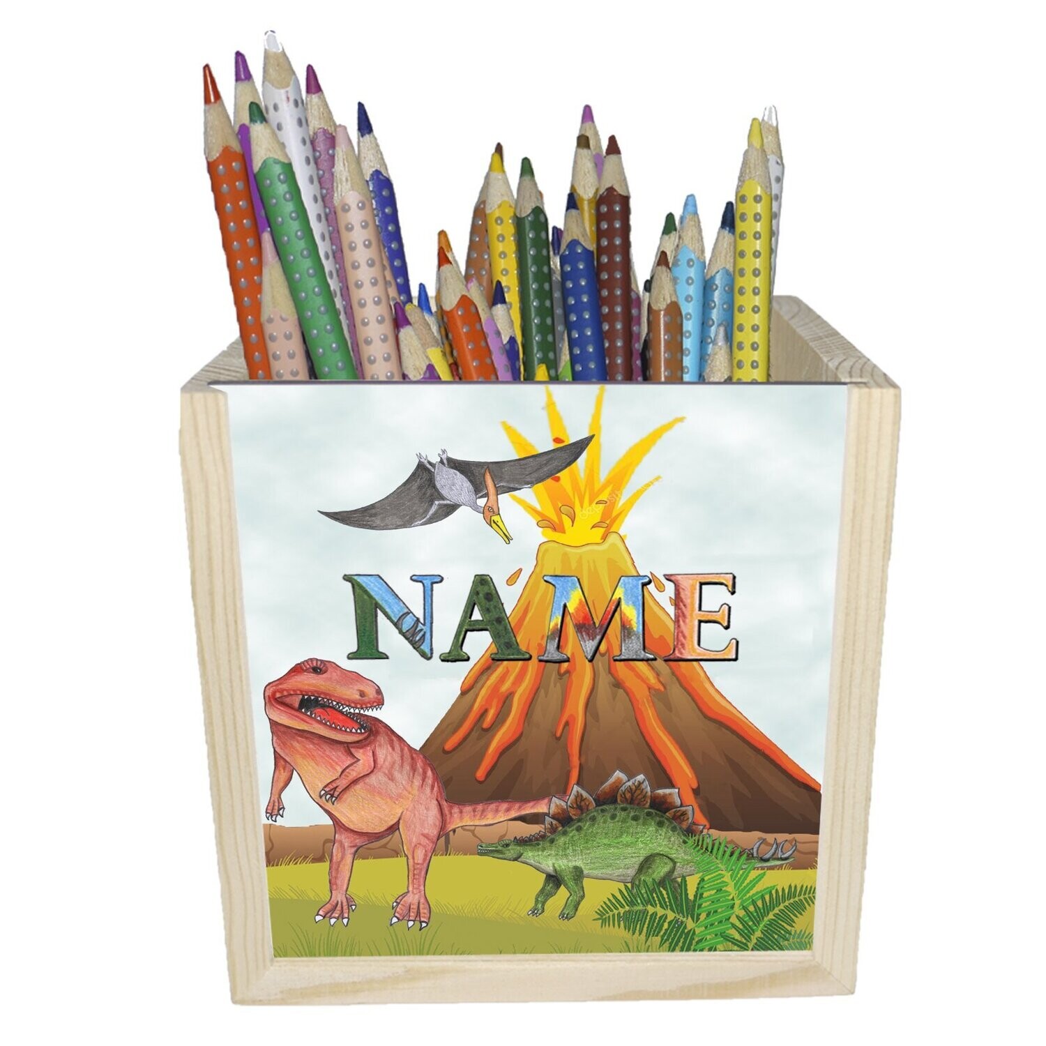 Holzbox mit beeindruckendem Dinosaurier-Motiv, personalisiert für kleine Dino-Fans. Ideal zur Aufbewahrung von Stiften.