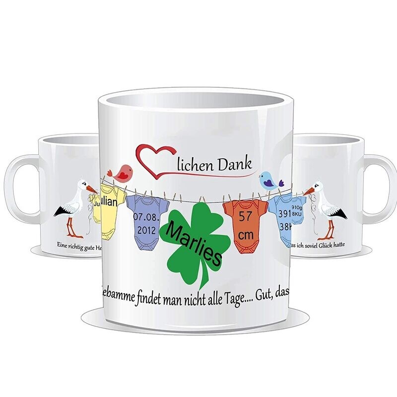 Tasse Danke an Hebamme 1 Junge (4 Bodys blau)