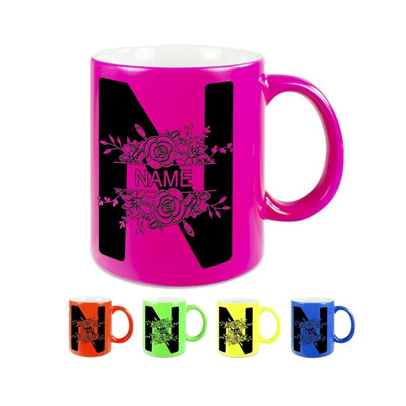 Neon Tasse mit Name / Blumen