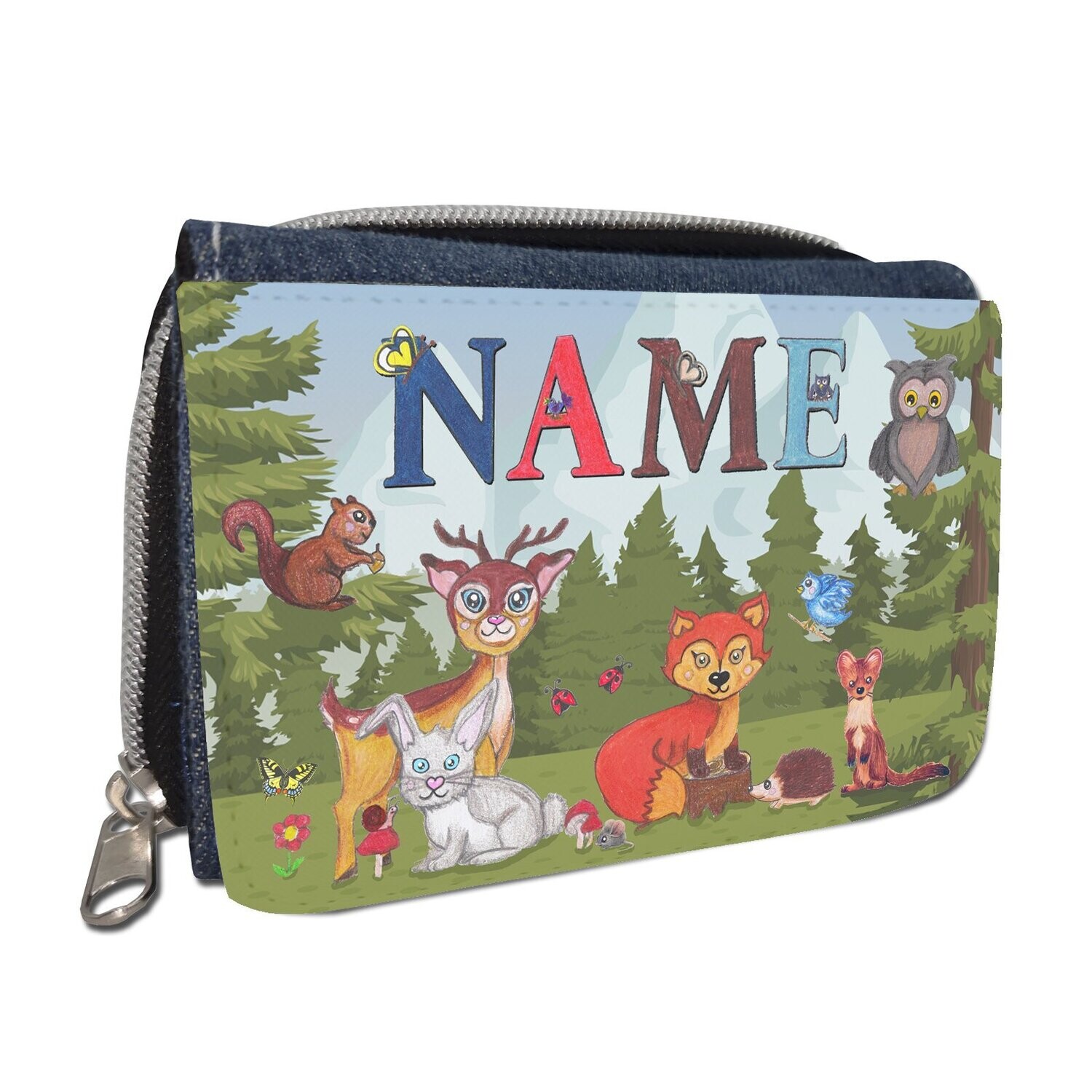 Natur-Geldbörse mit Waldtieren wie Fuchs, Reh, Hase und Eule. Für Naturfreunde und Tierliebhaber.