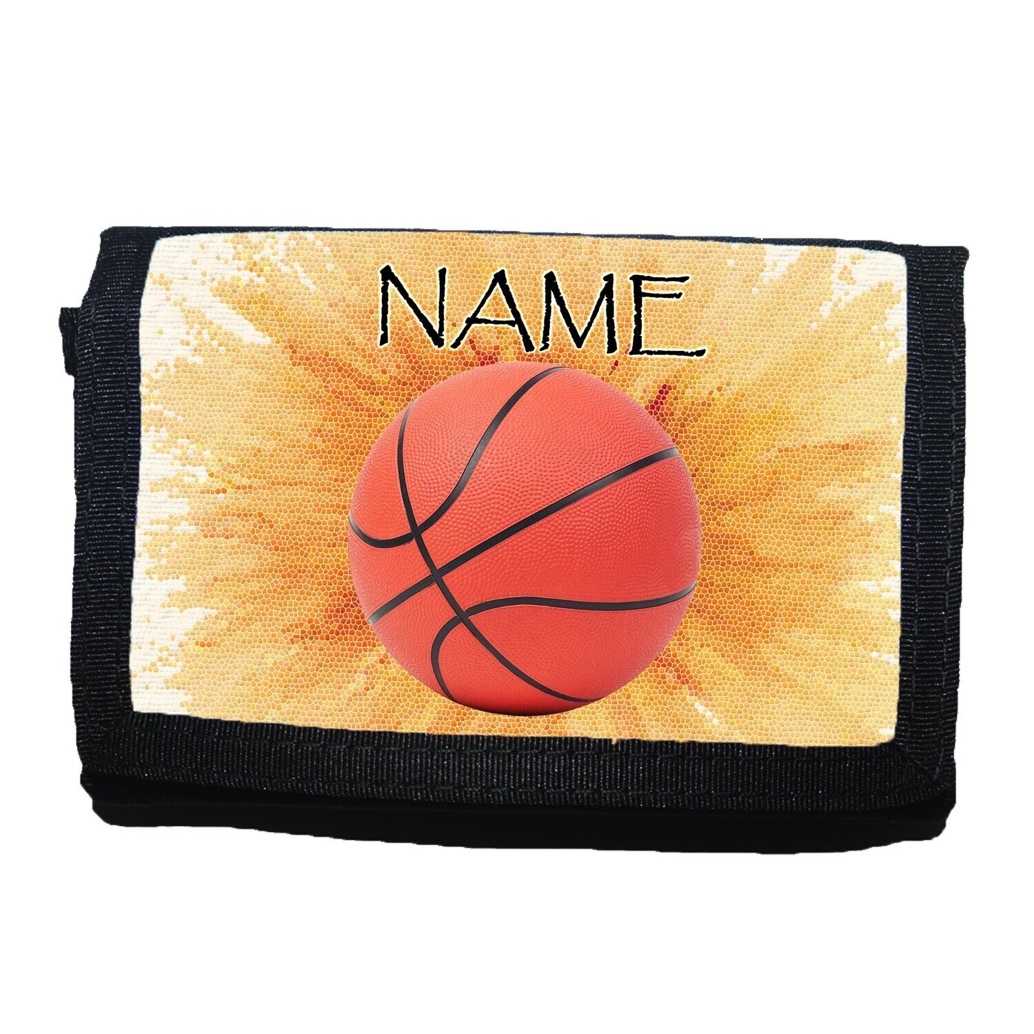 Sportlicher Kinder-Geldbeutel mit dynamischem Basketball-Motiv, der Ball im Flug vor einem kalligen Hintergrund. Individuell mit Namen personalisierbar, ideal für kleine Basketballfans und Sportbegeisterte.