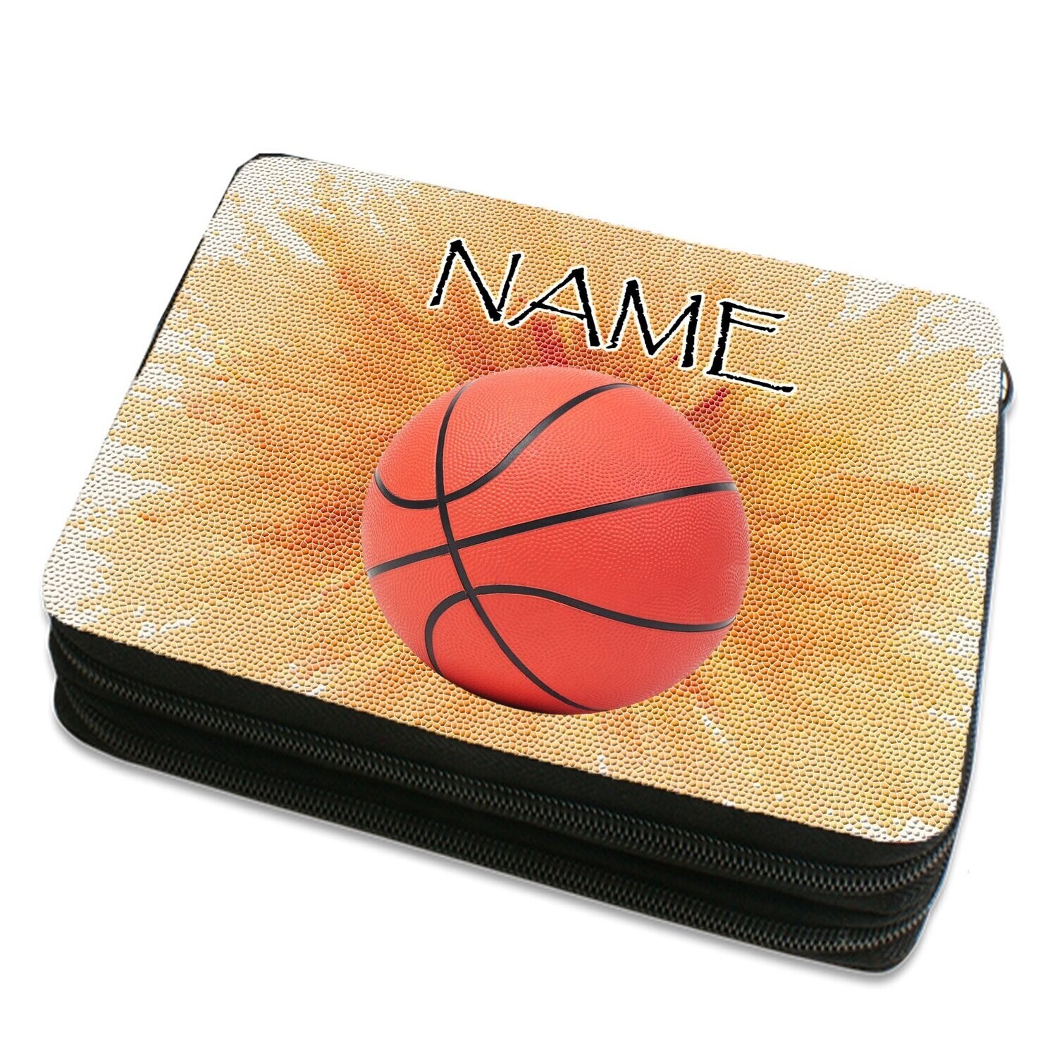 Sportliches Kinder-Federmäppchen mit dynamischem Basketball-Motiv, ideal für kleine Sportbegeisterte. Mit Namen personalisierbar, für Basketball-Fans und Schulsport.