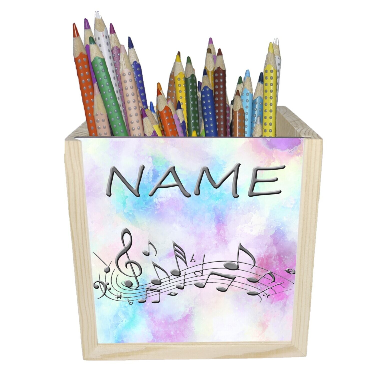 Holzbox mit Musiknoten und Melodien, ideal für kleine Musikliebhaber. Personalisiert mit Namen.