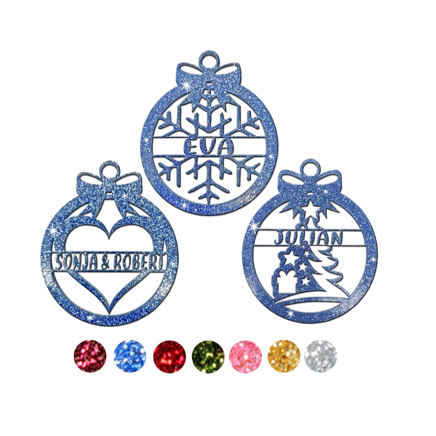 Christbaumschmuck Personalisierbar glitzer Acrylglas Schneeflocke, Herz oder Weihnachtsbaum