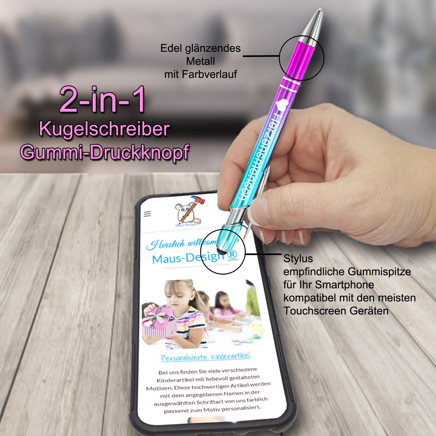 Jolis Papiers Personalisierter Kugelschreiber 2-in-1 - Mit Stylus, Gravur, Softtouch-Griff, Schwarze Tinte