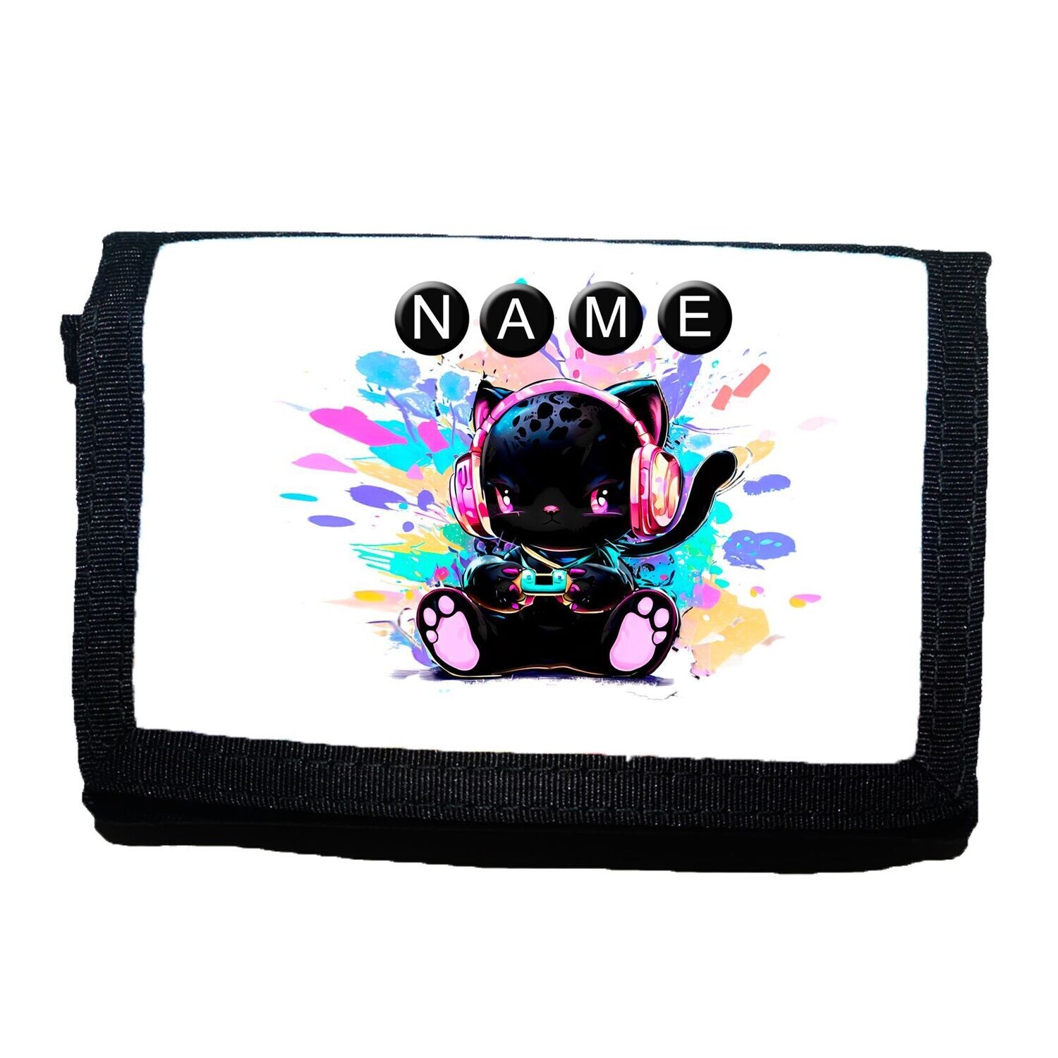 Coole Kinder-Geldbörse mit Gaming-Katze (Zocker-Mieze), Kopfhörer und Controller. Mit Namen personalisierbar, ideal für Gamer.