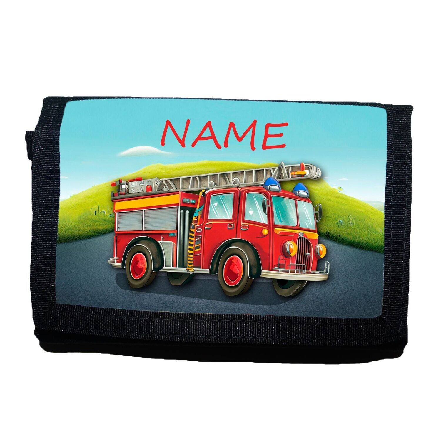Spannender Geldbeutel für Kinder mit Feuerwehr-Motiv, Feuerwehrwagen auf einer Straße, personalisierbar mit Namen. Für kleine Helden, die sich für die Feuerwehr und Abenteuer interessieren.