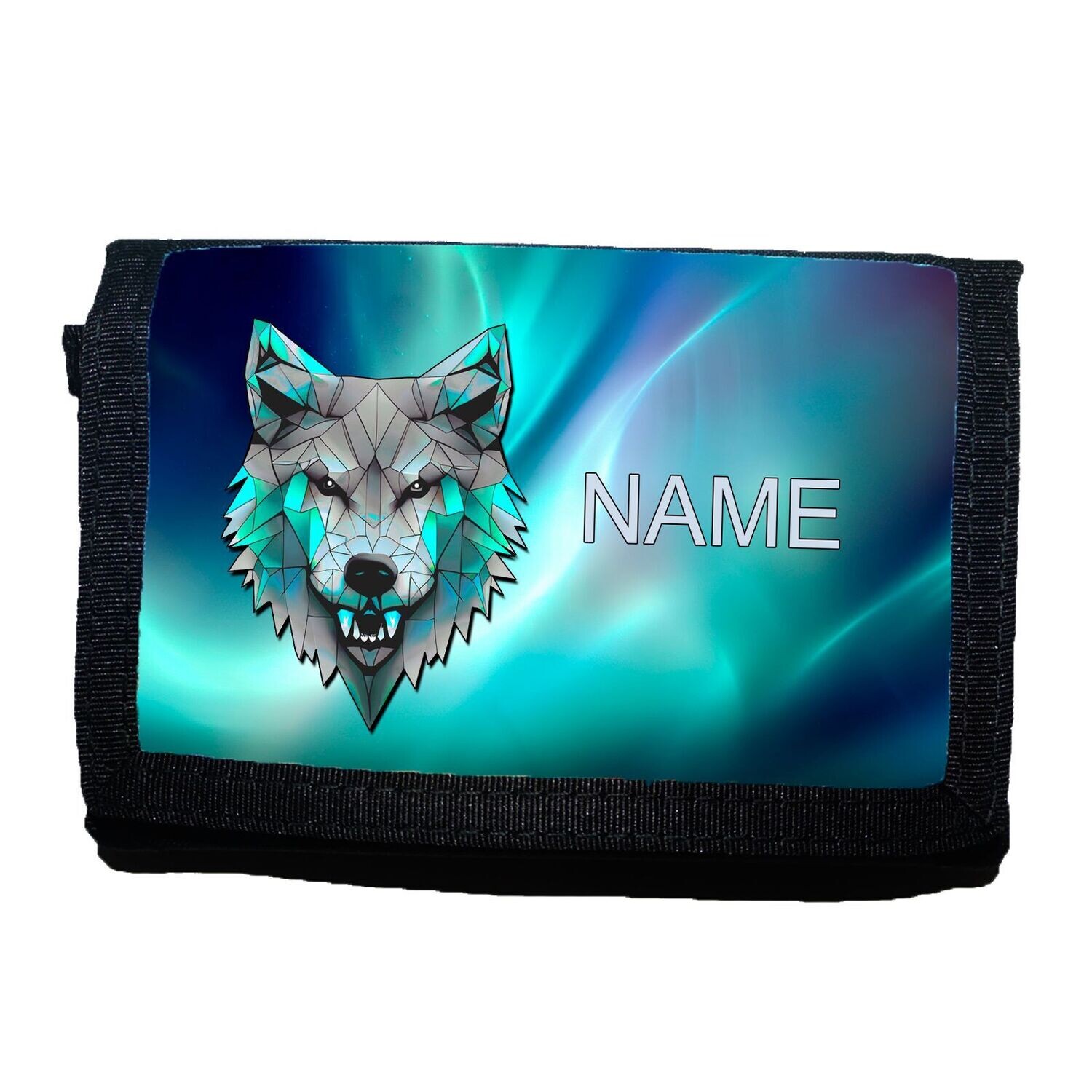 Mystischer Kinder-Geldbeutel mit geometrischem Wolf-Motiv und Polarlichtern. Personalisiert mit Namen, ideal für Abenteurer.