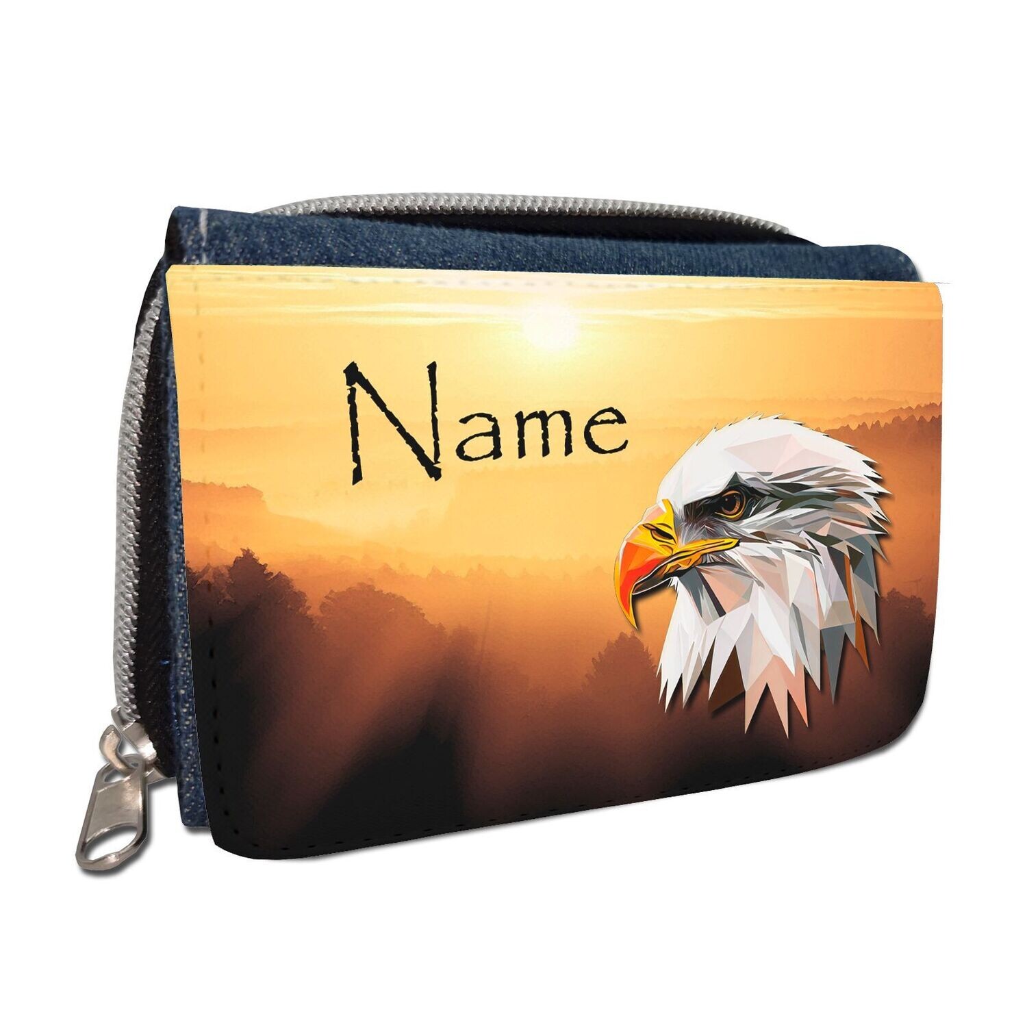 Personalisierte Geldbörse für Kinder und Teenager mit majestätischem Adler-Motiv vor einem Sonnenaufgang in den Bergen. Robust und stilvoll, ideal für Naturfreunde und Abenteurer, die Stärke und Freiheit schätzen.