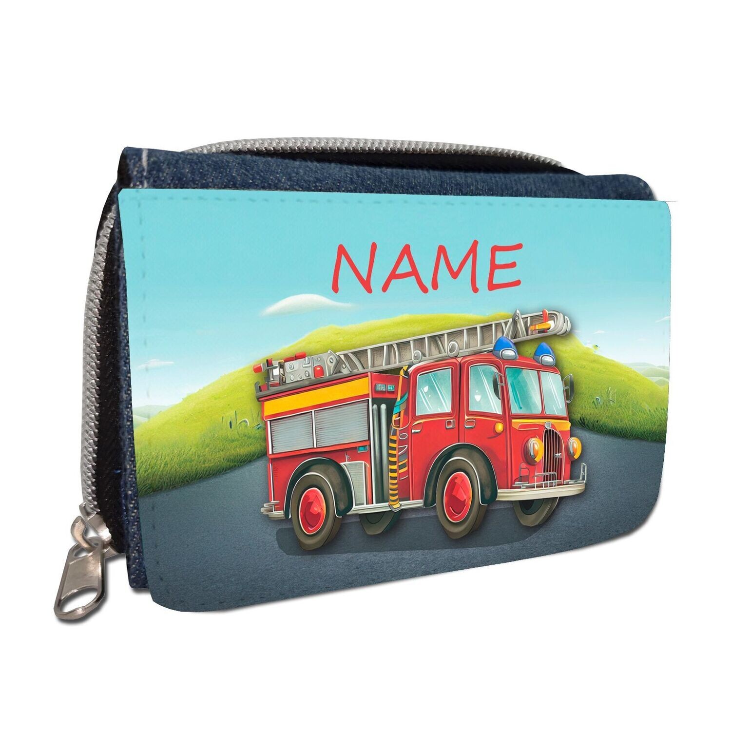 Geldbörse mit Feuerwehrwagen auf Straße, personalisierbar mit Namen. Für kleine und große Helden, die Abenteuer lieben.