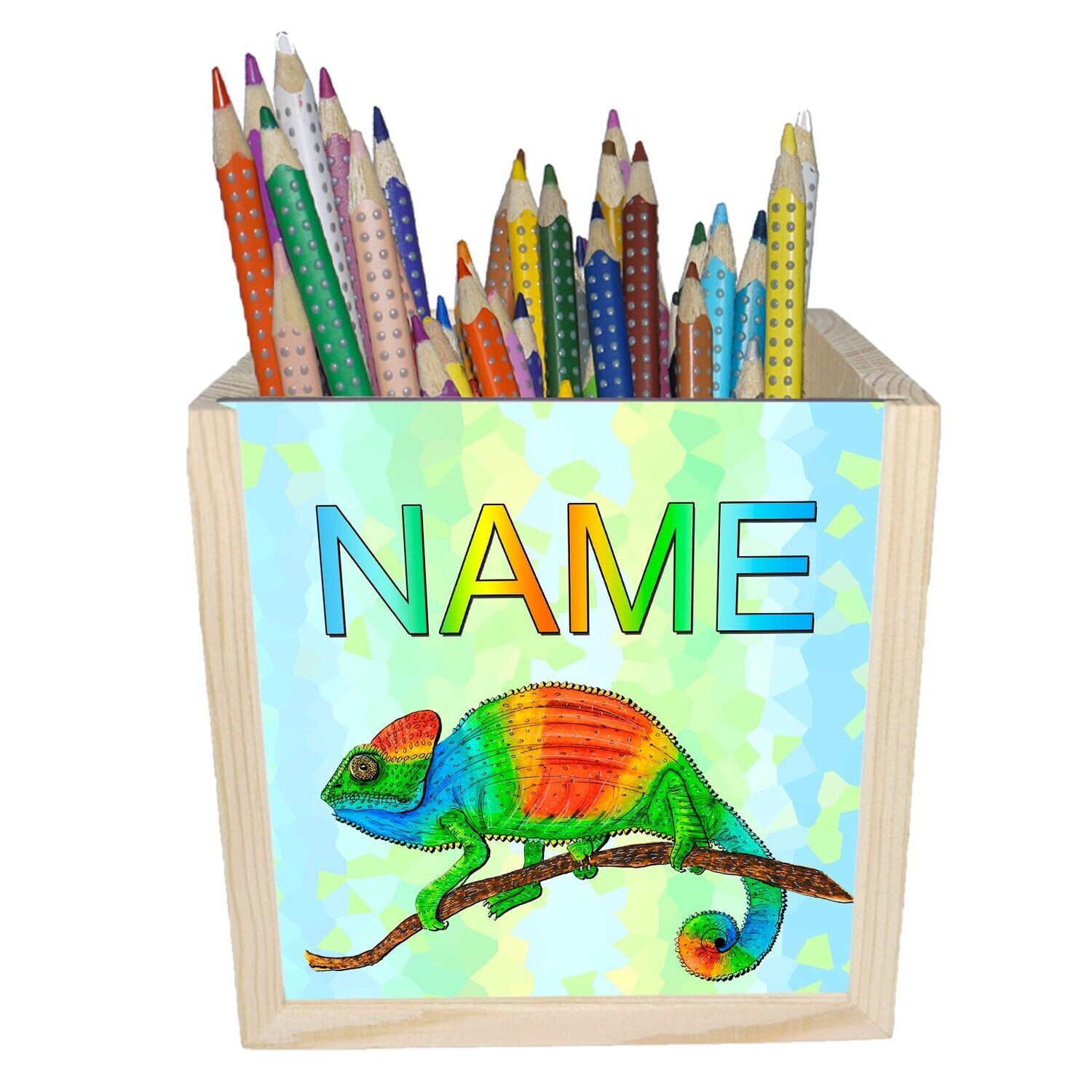 Bunte Holzbox mit Chamäleon-Motiv, das die Farben wechselt. Personalisiert für kleine Naturfreunde, ideal für Stifte.