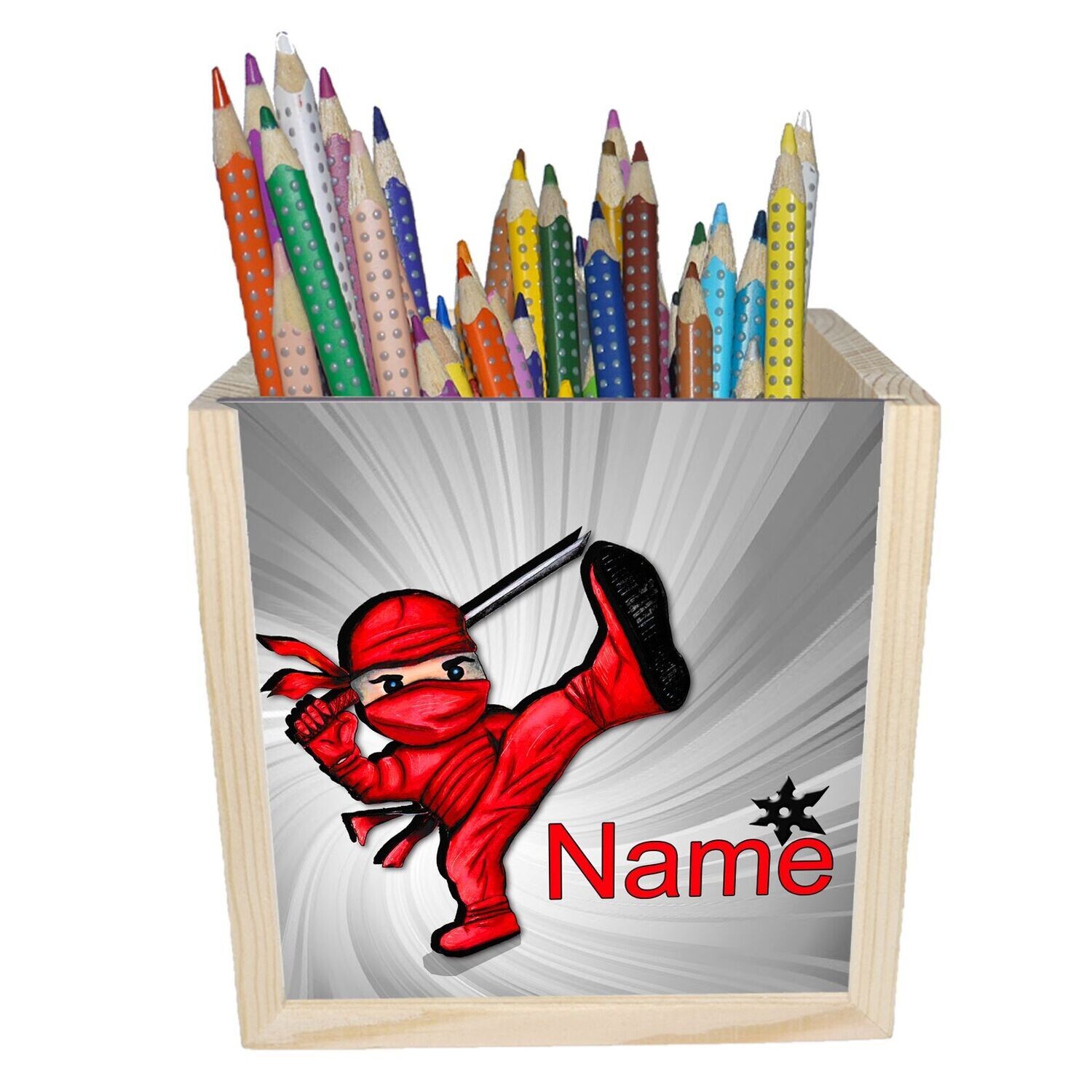 Coole Holzbox mit Ninja-Motiv, ideal für kleine Kämpfer. Personalisiert mit Namen zur Aufbewahrung.