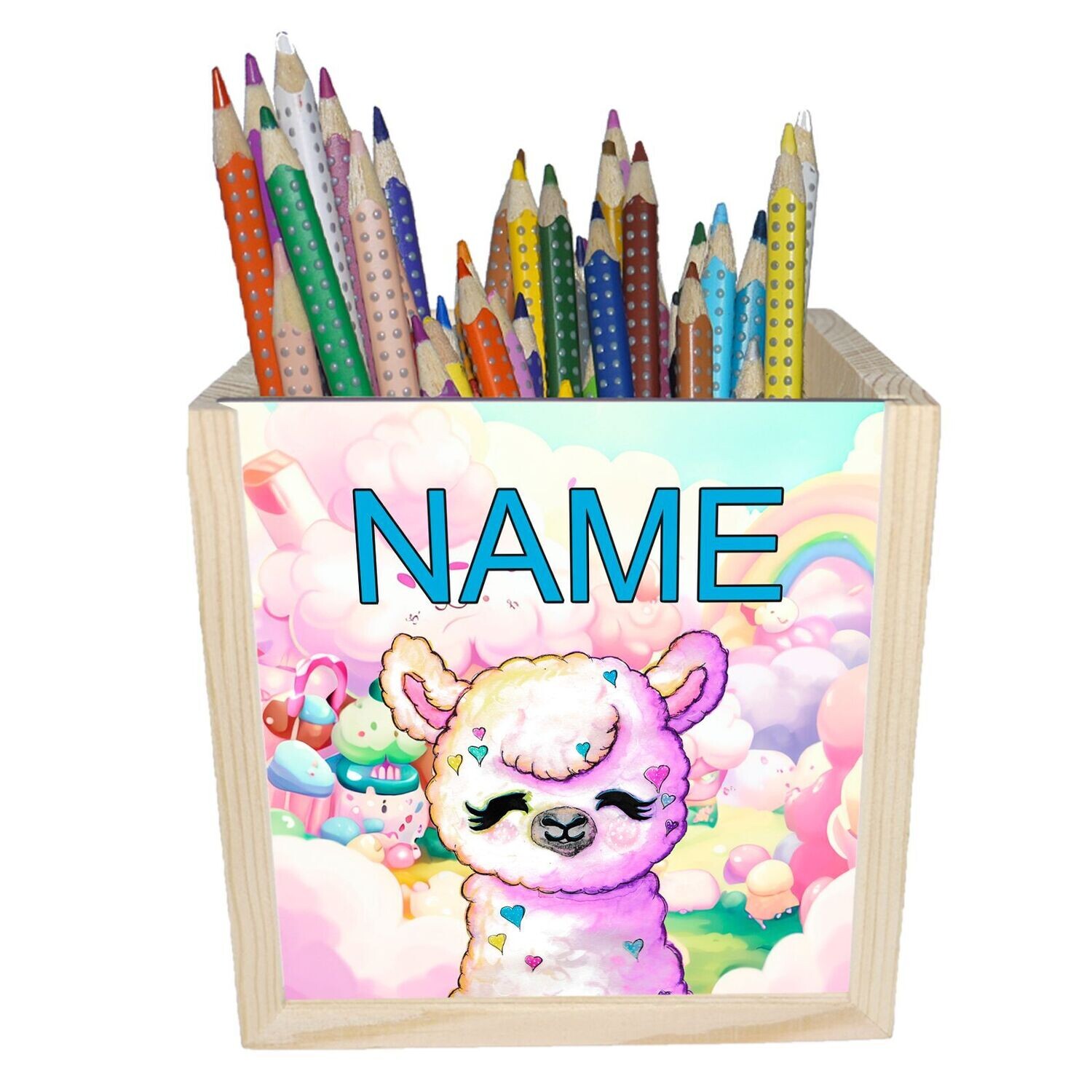 Holzbox mit süßem Alpaka im Zuckerwatteland-Motiv, personalisierbar mit Namen. Ideal für Kinderzimmer und kleine Tierfreunde.