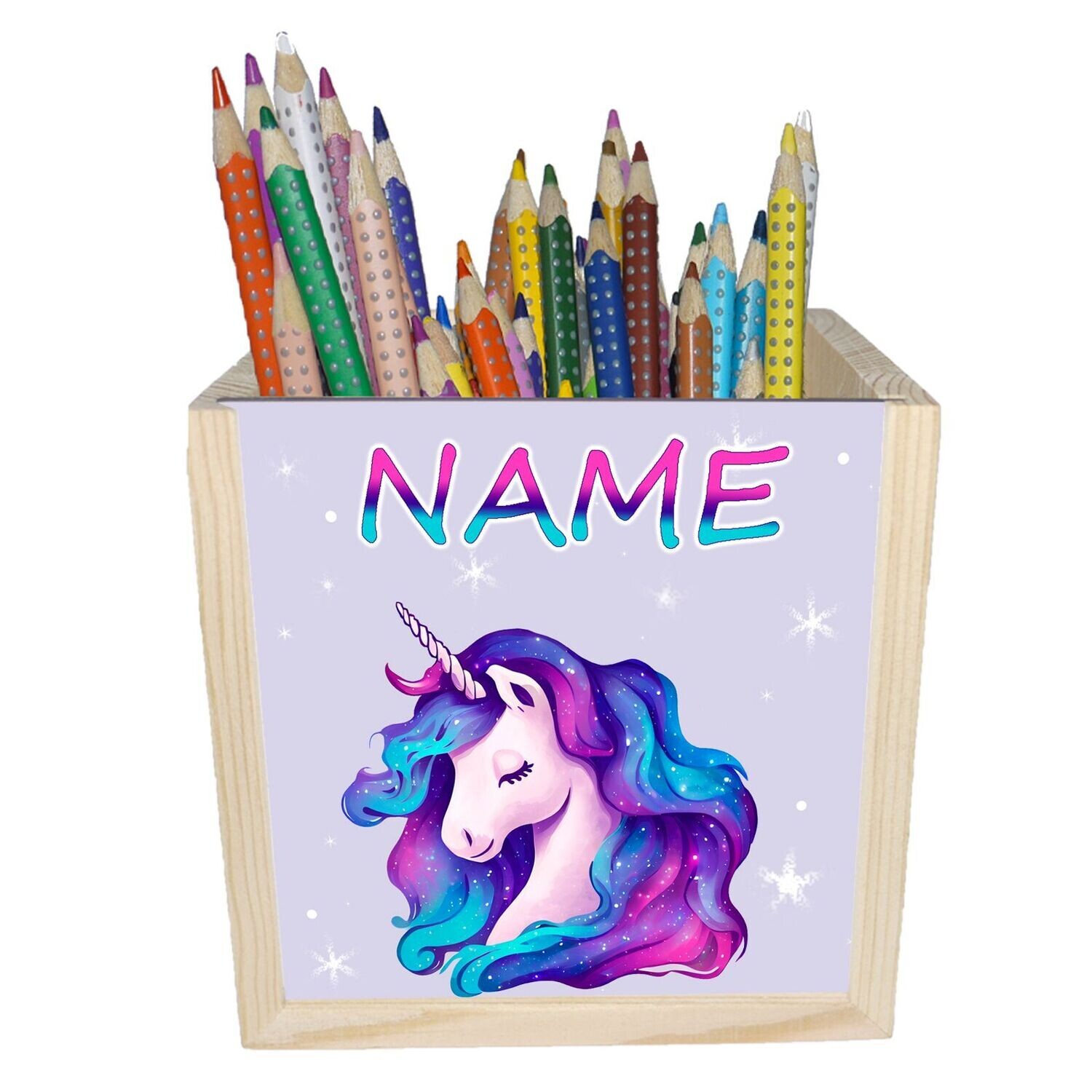 Magische Holzbox mit Galaxy-Einhorn-Motiv, ideal für Fantasy-Liebhaber. Personalisierbar mit Namen.