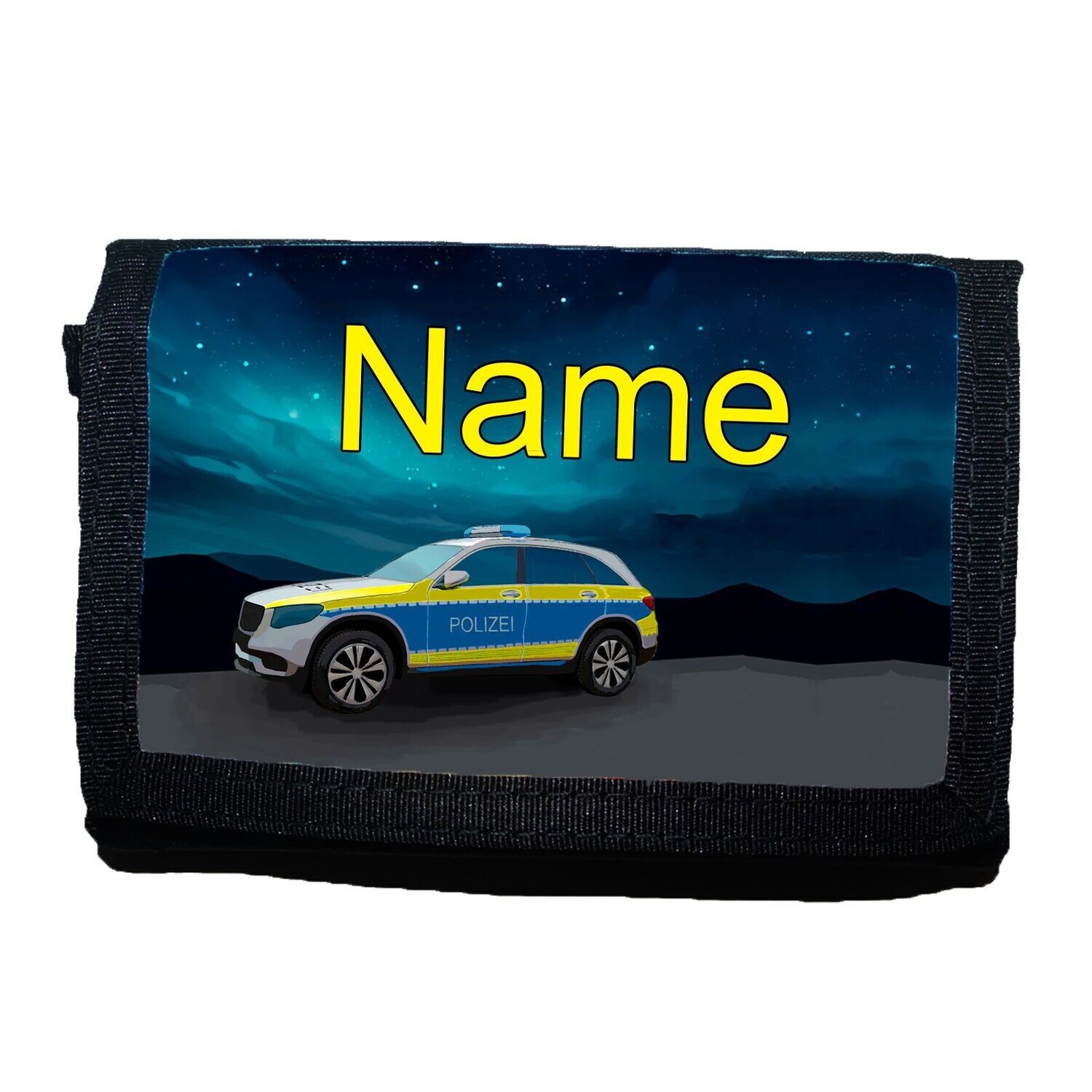Spannender Kinder-Geldbeutel mit Polizei-Motiv und Polizeiauto. Personalisiert mit Namen, ideal für kleine Helden und Polizei-Fans.