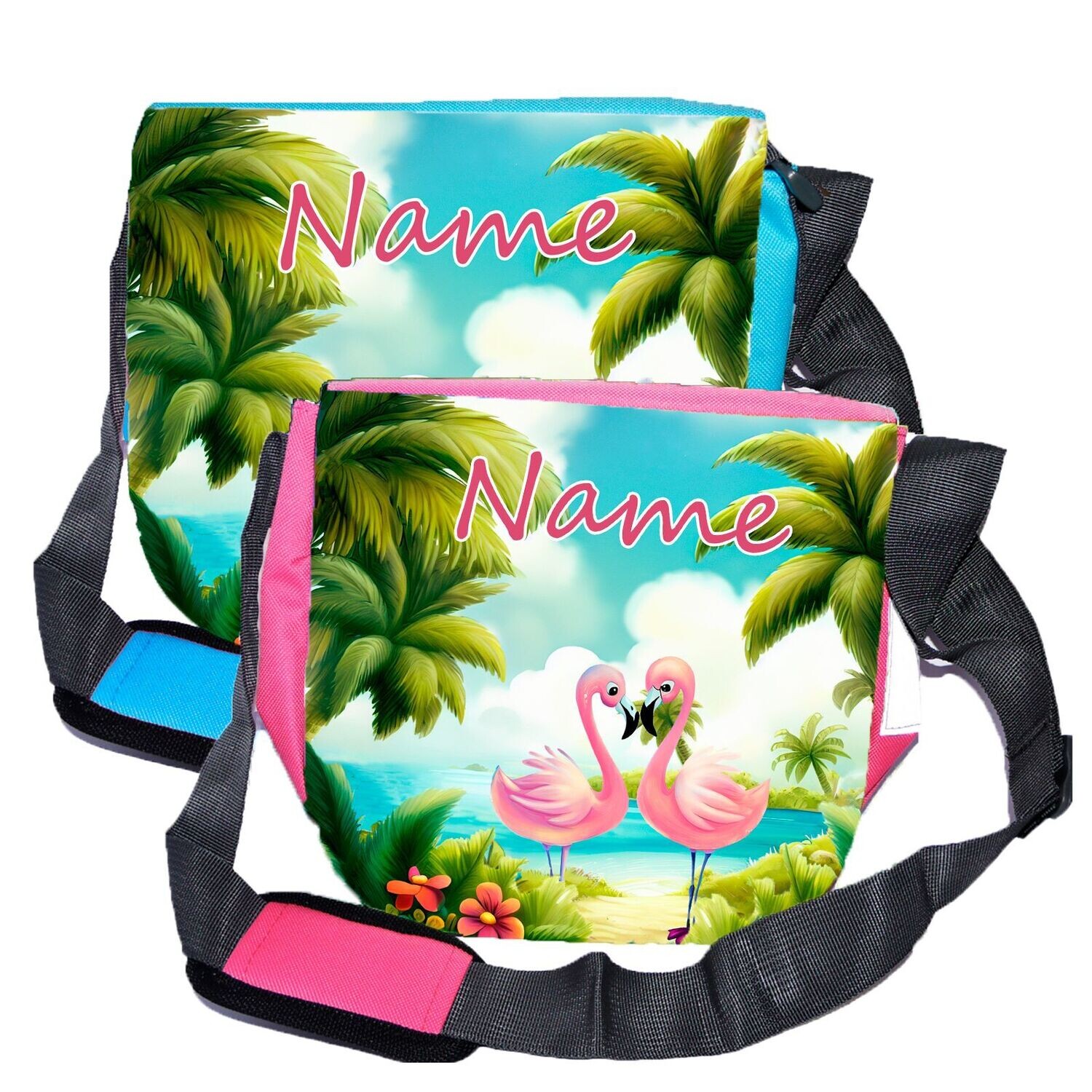 " Kindergartentasche mit pinken Flamingos in tropischer Landschaft. Ideal für Naturfreunde."