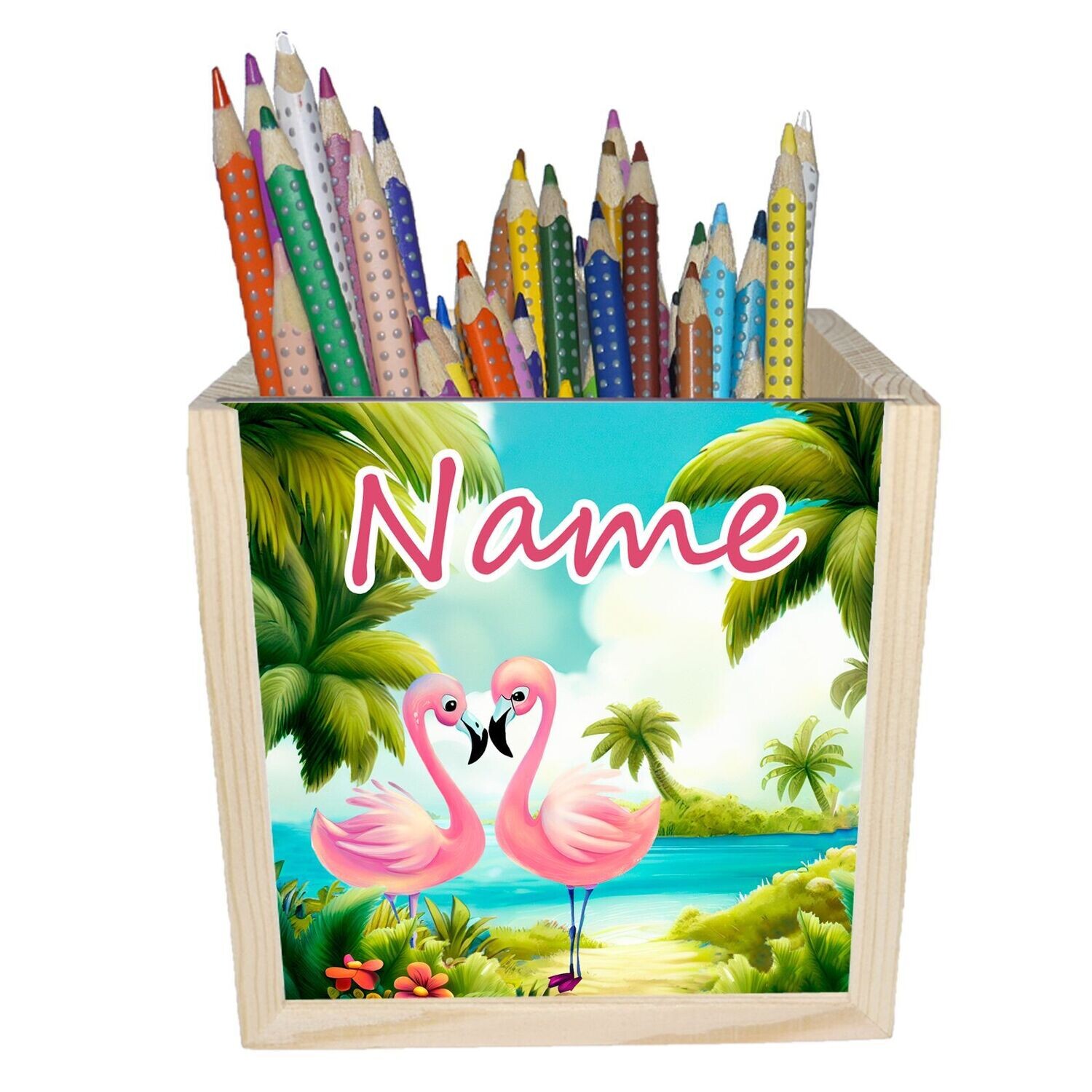 Exotische Holzbox mit Flamingo-Motiv, personalisierbar für Tierliebhaber. Ideal zur dekorativen Aufbewahrung.