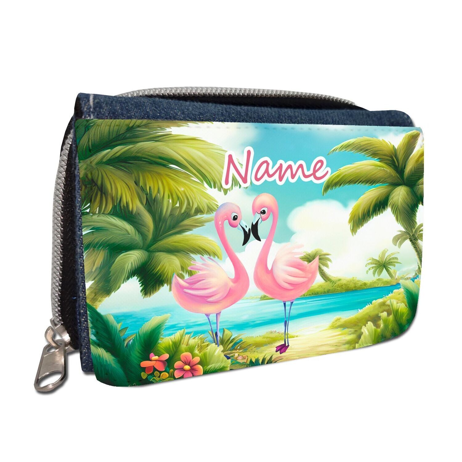 Bunte Geldbörse mit Flamingos in tropischer Landschaft. Für Kinder und Teenager, die exotische und farbenfrohe Designs mögen.