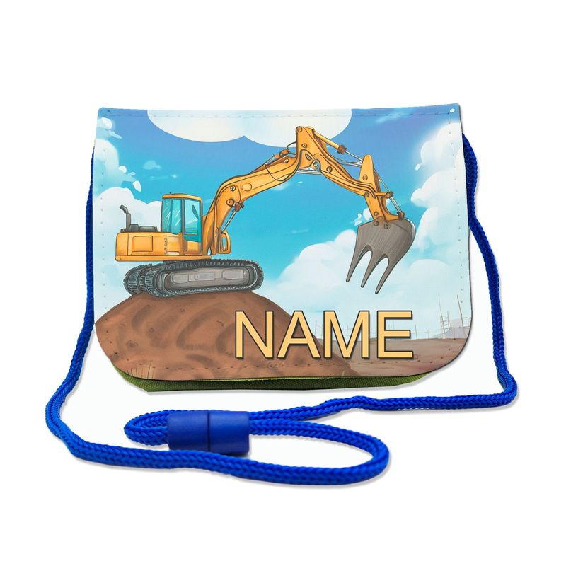 Bagger Brustbeutel Kinder-Brustbeutel mit kräftigem Bagger-Motiv auf einer Baustelle. Transparentes Fach für Busfahrkarte und Schnur mit Sicherheitsverschluss zum Umhängen. Ideal für kleine Bau-Fans.