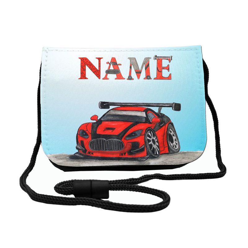 Auto Brustbeutel Coole Brusttasche für Kinder mit rotem Rennwagen-Motiv auf einer Rennstrecke. Perfekt für Autofans mit durchsichtigem Fach für Fahrkarten und Schnur mit Sicherheitsverschluss zum Umhängen.
