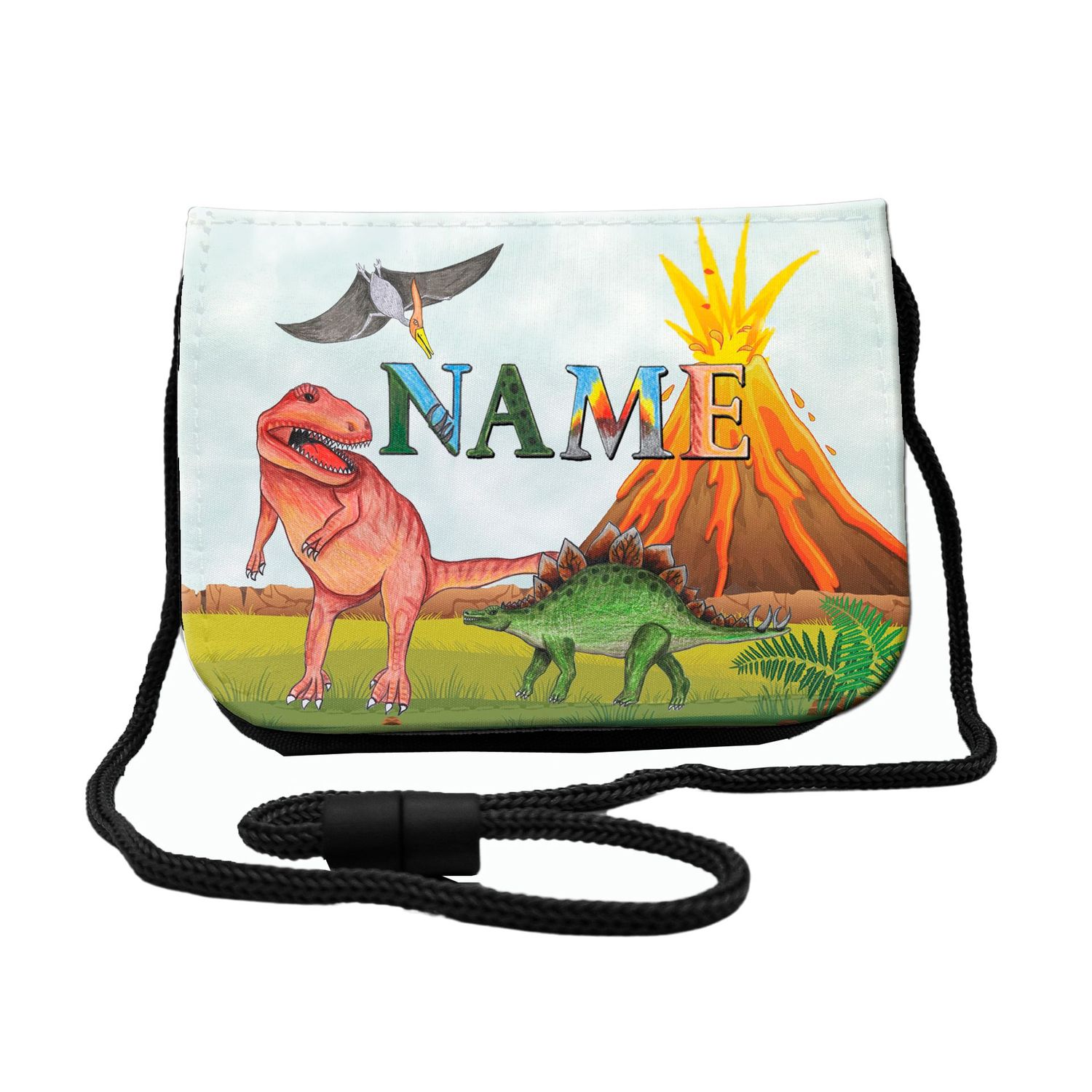 Abenteuerlicher Brustbeutel mit Dinosaurier-Motiv, ideal für Dino-Fans. Transparentes Fach für Busfahrkarten und Schnur mit Sicherheitsverschluss zum Umhängen.