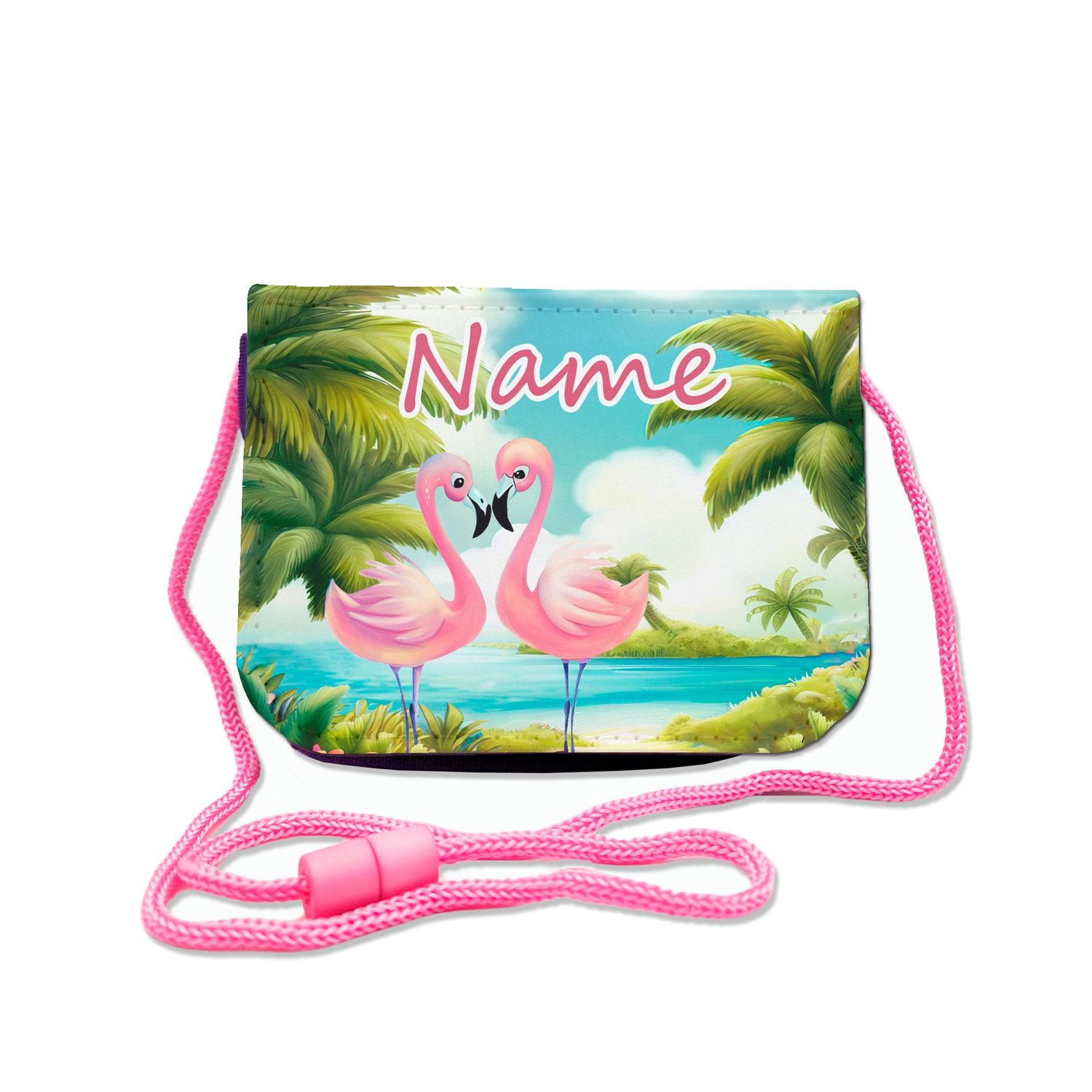 Brustbeutel mit exotischem Flamingo-Motiv, tropische Landschaft. Transparentes Fach für Busfahrkarten und Schnur mit Sicherheitsverschluss zum Umhängen.