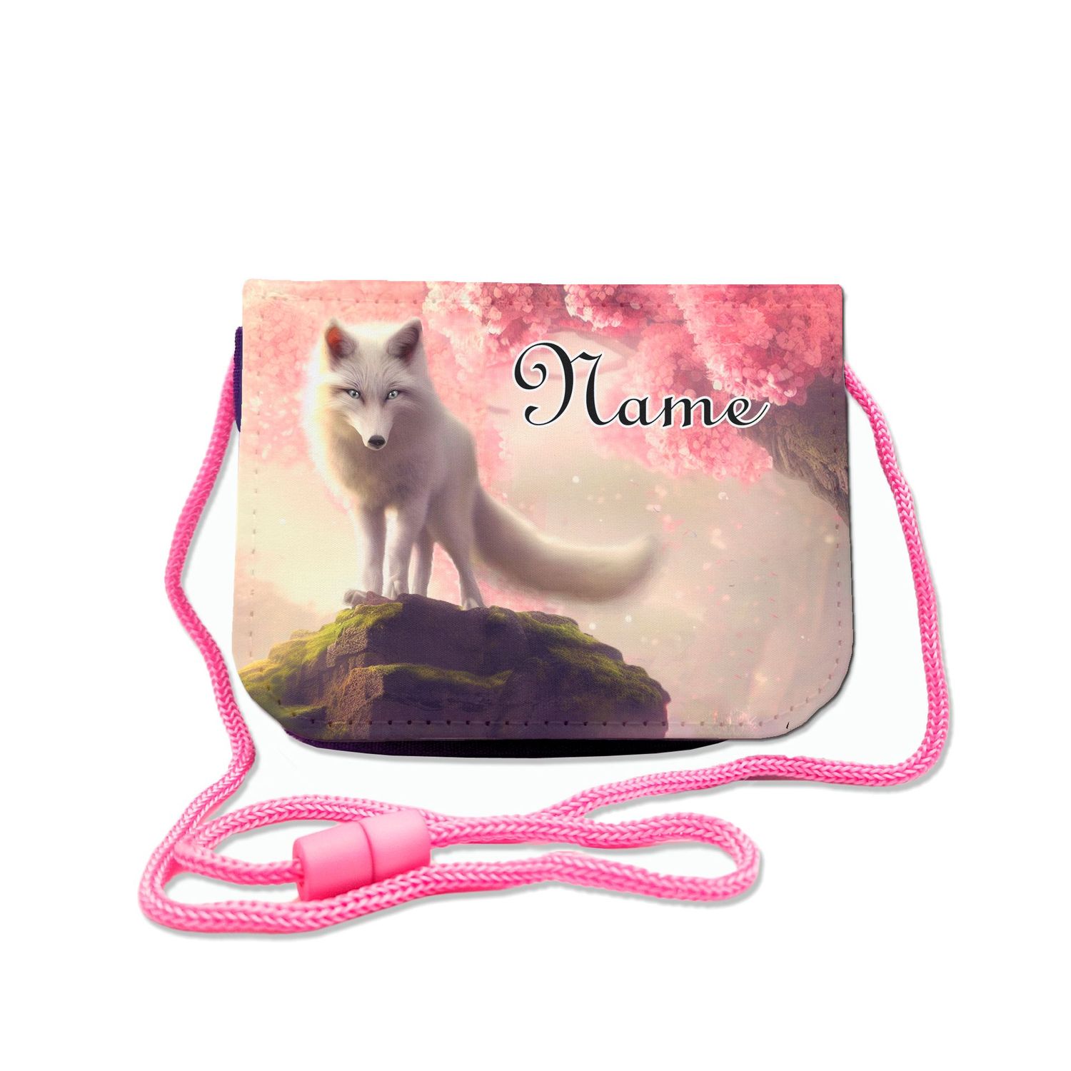 Niedlicher Brustbeutel mit Fuchs-Motiv im Wald. Transparentes Fach für Busfahrkarten, ideal für Tierfreunde.