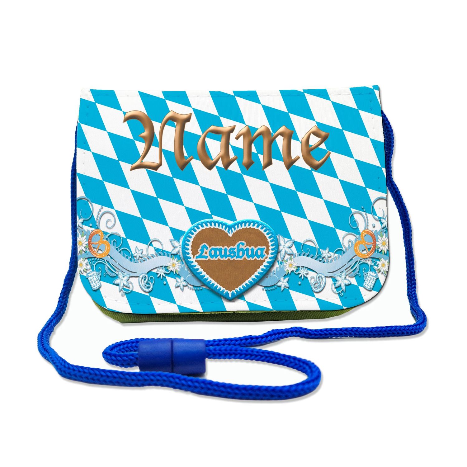 Brustbeutel mit Lausbua-Motiv (bayerisch), perfekt für kleine Abenteurer. Transparentes Fach für Busfahrkarten und Schnur mit Sicherheitsverschluss zum Umhängen.