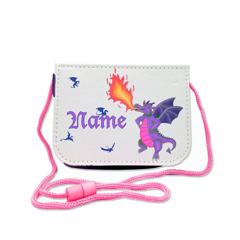 lila Drache Brustbeutel Magischer Brustbeutel mit lila Drachen-Motiv, ideal für Märchenliebhaber. Transparentes Fach für Busfahrkarten und Schnur mit Sicherheitsverschluss zum Umhängen.