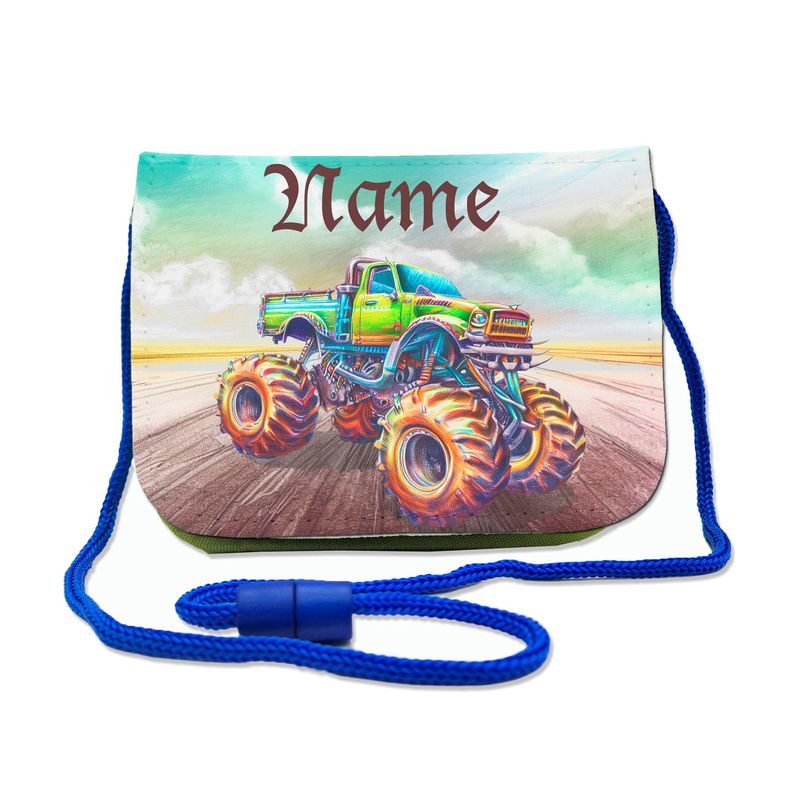 Monstertruck Brustbeutel Coole Brusttasche mit Monstertruck-Motiv, ideal für kleine Action-Fans. Transparentes Fach für Busfahrkarten und Schnur mit Sicherheitsverschluss zum Umhängen.