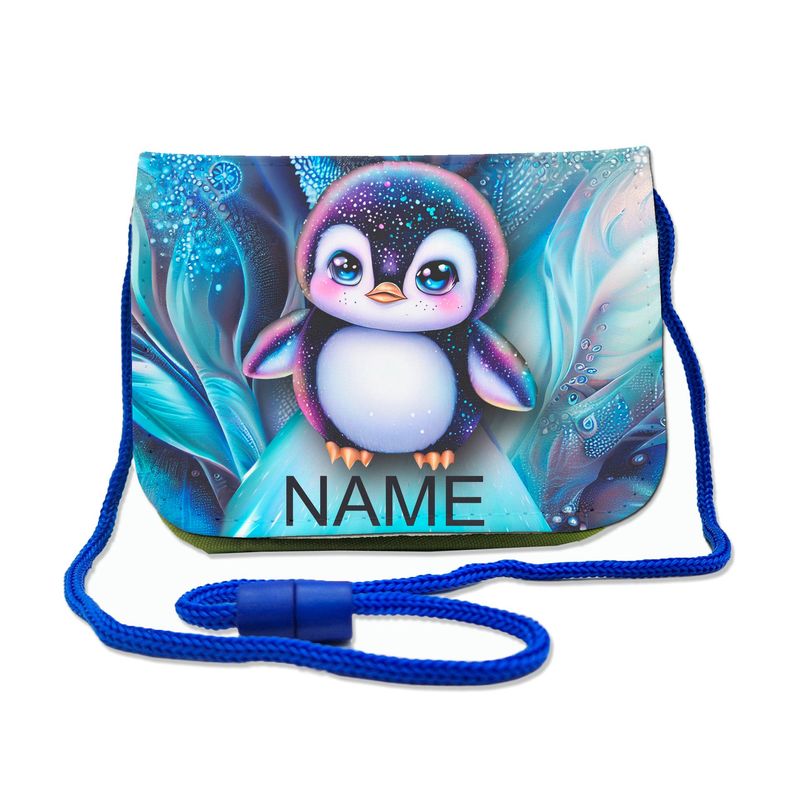 Pinguin Brustbeutel Brustbeutel mit süßem Pinguin-Motiv auf einer Eisscholle. Transparentes Fach für Busfahrkarten und Schnur mit Sicherheitsverschluss zum Umhängen.