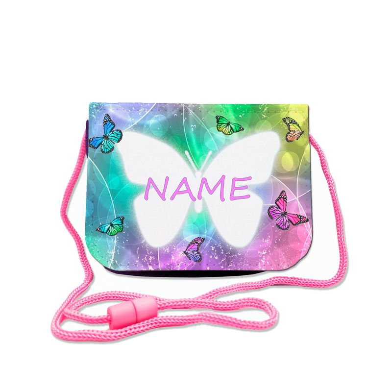 Schmetterling Brustbeutel Bunter Brustbeutel mit farbenfrohem Schmetterlings-Motiv. Transparentes Fach für Busfahrkarten, ideal für Naturfreunde.