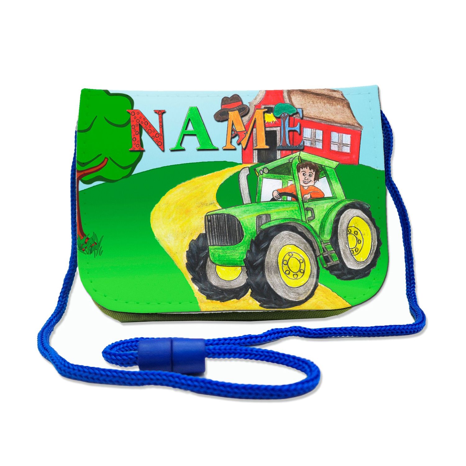 Brustbeutel mit grünem Traktor-Motiv auf einem Bauernhof. Transparentes Fach für Busfahrkarten, ideal für Fahrzeugliebhaber.