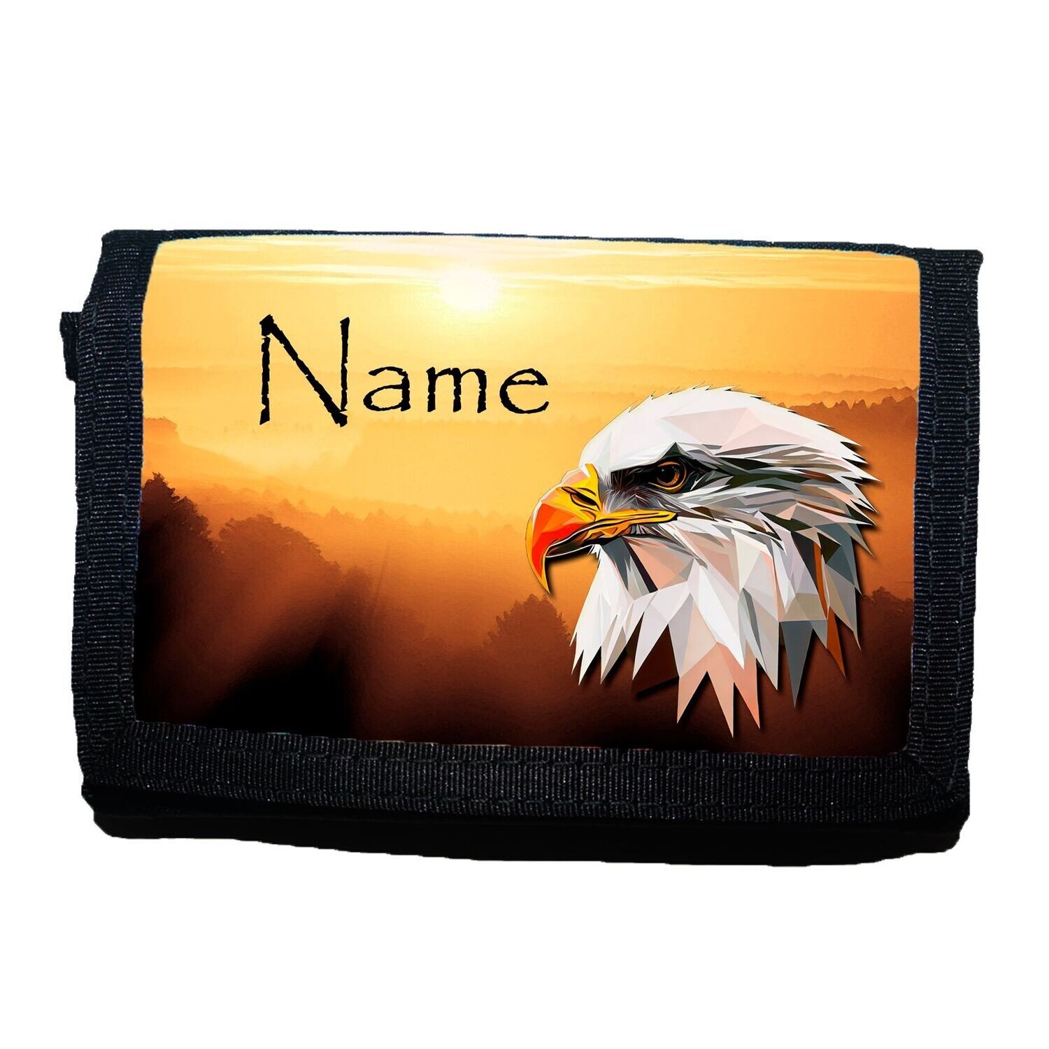 Personalisierter Kinder-Geldbeutel mit majestätischem Adler-Motiv vor einem Sonnenaufgang in den Bergen, ideal für Naturliebhaber und Abenteurer. Individuell bedruckter Geldbeutel mit Namen und detailliertem Adler-Design, das Stärke und Freiheit symbolisiert.