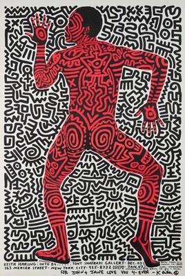 Keith Haring, 1983 - INTO 84 - Original lithographic vintage poster linen backed on canvas - cm 89 x 59,2 - in 35 x 23 - HAND SIGNED and DEDICATED
