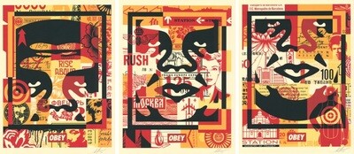Shepard Fairey, 2019 - OBEY GIANT 3 FACES COLLAGE - Three offset lithographs -  cm 61 x 45 - 24 x 17,7 - Signed and dated