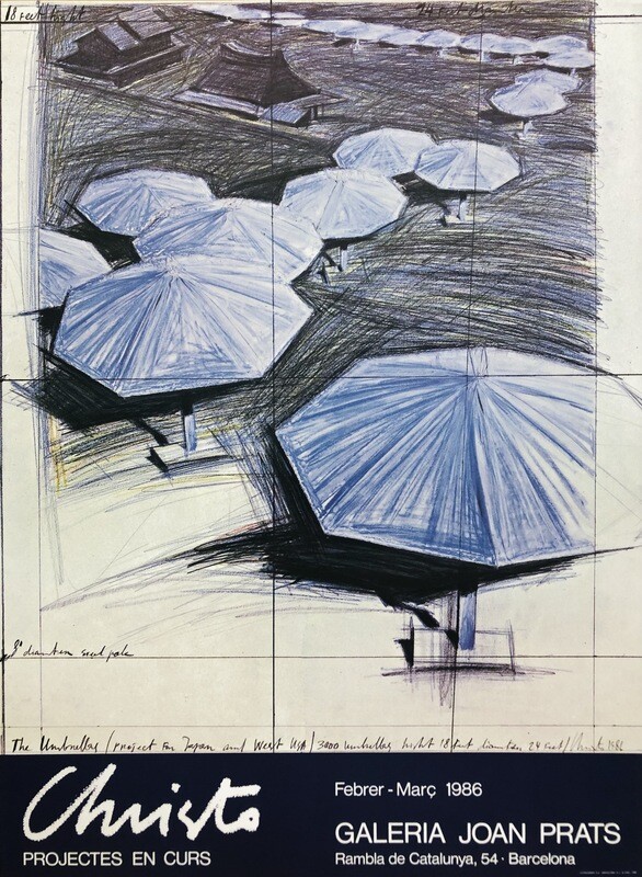 Christo, 1986 - THE UMBRELLAS PROJECTES EN COURS - Exhibition poster printed in offset - cm 76 x 56 - in 29,9 x 22