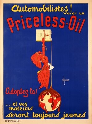 H. De Laurencin, c.a. 1930 - PRICELESS OIL - Original advertising lithographic affiche - c.a. 160 x  120 - in 62,4 x 46,8