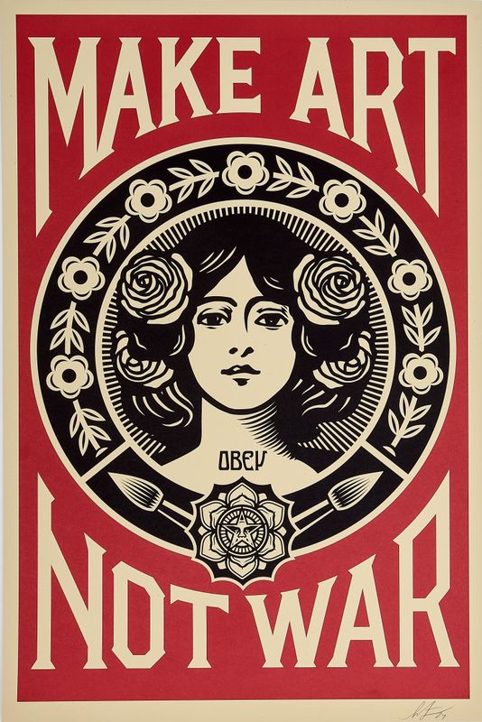 Shepard Fairey, 2024 - MAKE ART NOT WAR - Offset lithograph on thick cream speckle tone cm 91,5 x 61 - in 36 x 24 - Hand signed and dated