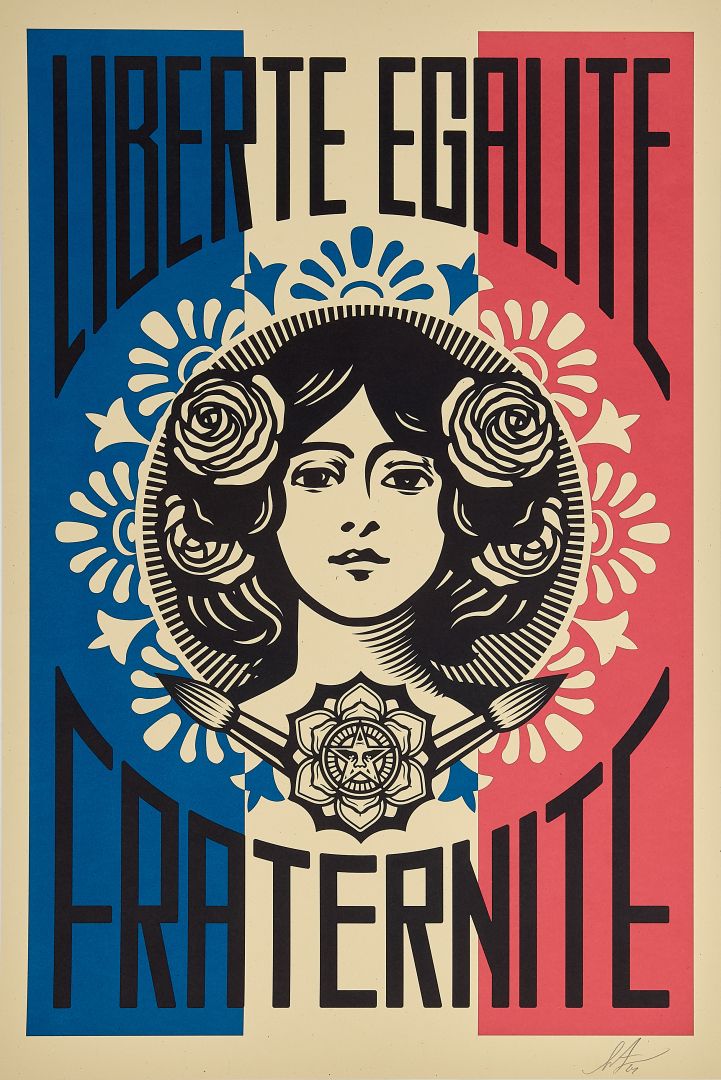 Shepard Fairey, 2024 - LIBERTÉ EGALITÉ FRATERNITÉ -  Offset lithograph on cream speckle tone paper cm 91,5 x 61 - in 36 x 24 - Signed and dated
